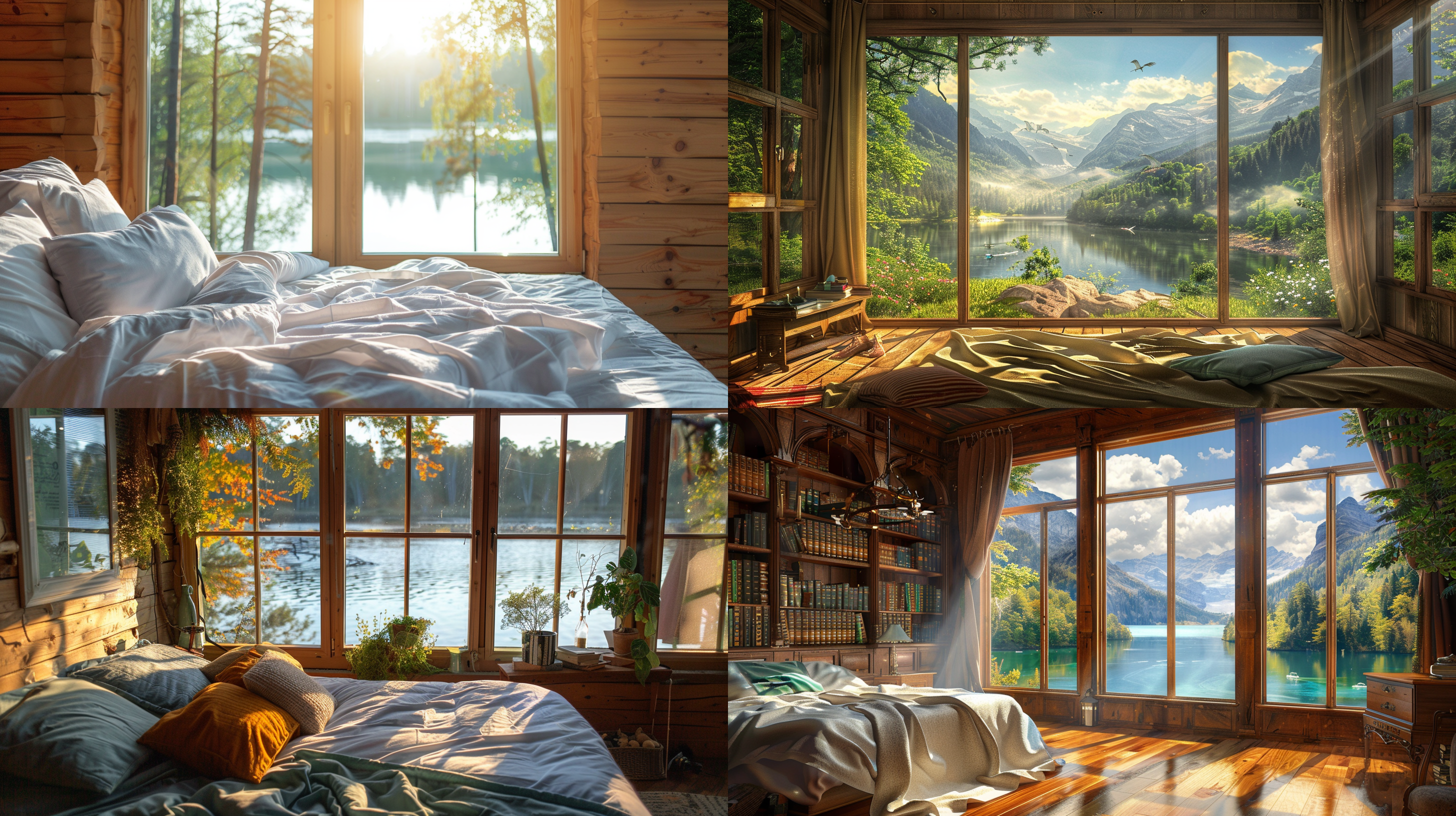 prompt. 大床木屋内, 大落地窗，小树林，湖泊，阳光，远景，温馨，自然色调，宽幅画面，逆光，静态，安详。