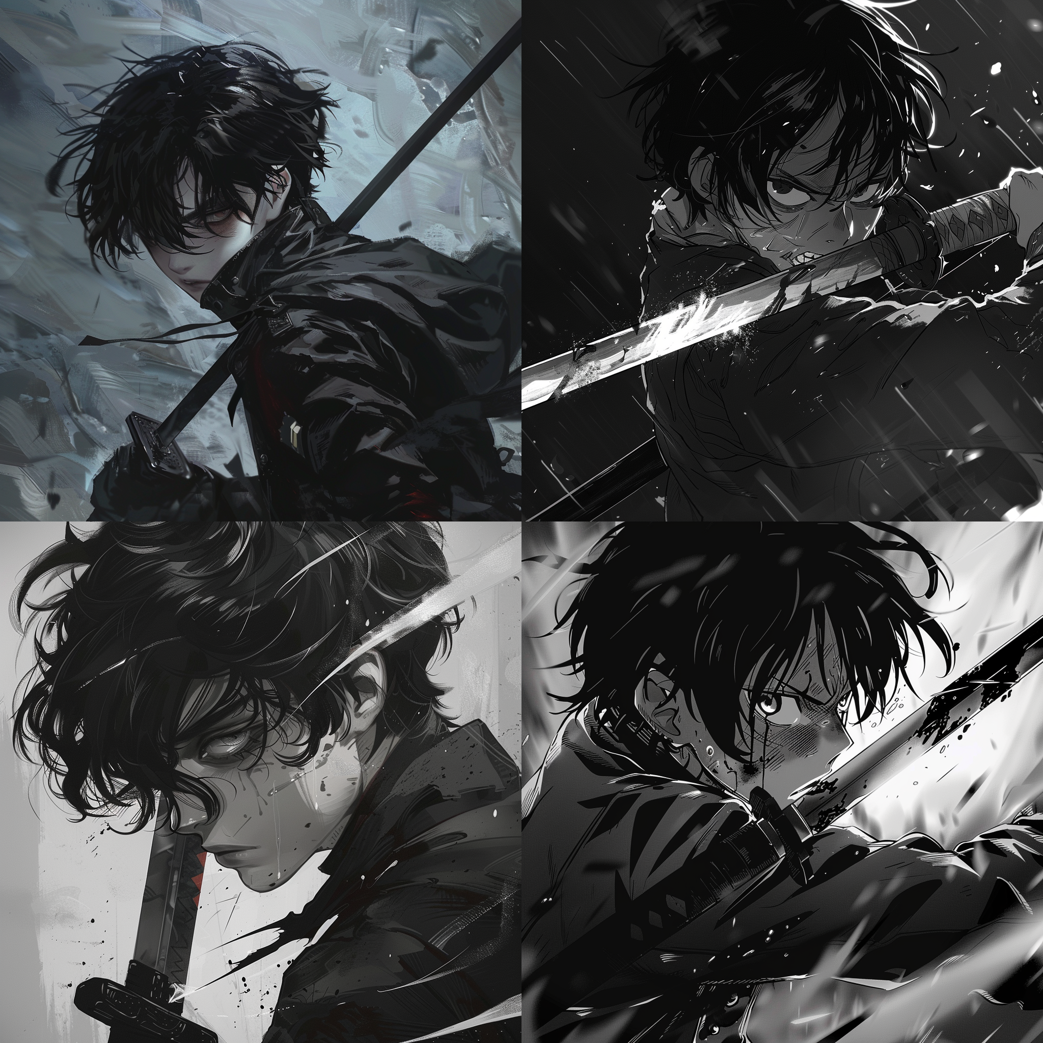 prompt. 黑发少年持剑，侧面视角，全身，穿过胸膛，表情决绝痛苦，眼神冷冽，暗色调，剧烈动作，近景，细节丰富，快门速度快，刀光剑影，战斗，角度低。