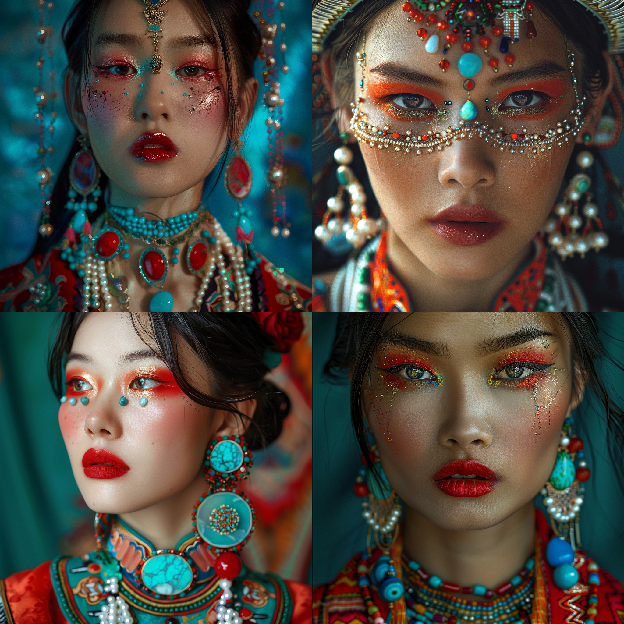 prompt. 蒙古国女模特, 时尚杂志风格, 华丽妆容, 半身照, 民族服饰, 珍珠, 红玛瑙, 绿松石首饰, 优雅动作, 超现实主题, 亮色眼妆, 概念艺术, 高清晰度, 精细光影, 鲜艳色彩, 高对比度, 柔和明暗。
