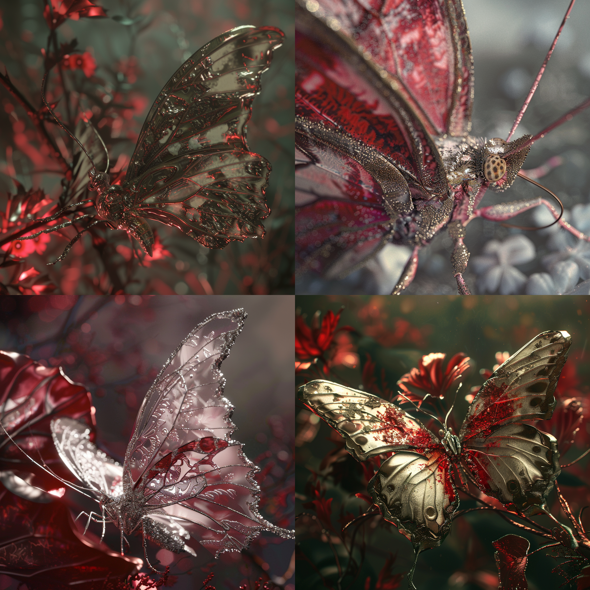 prompt. 玫瑰中的银色蝴蝶，暗红色和银色，cinema4d渲染，sergio toppi，georg jensen，特写镜头，获奖，ar 3:4-v6.0。