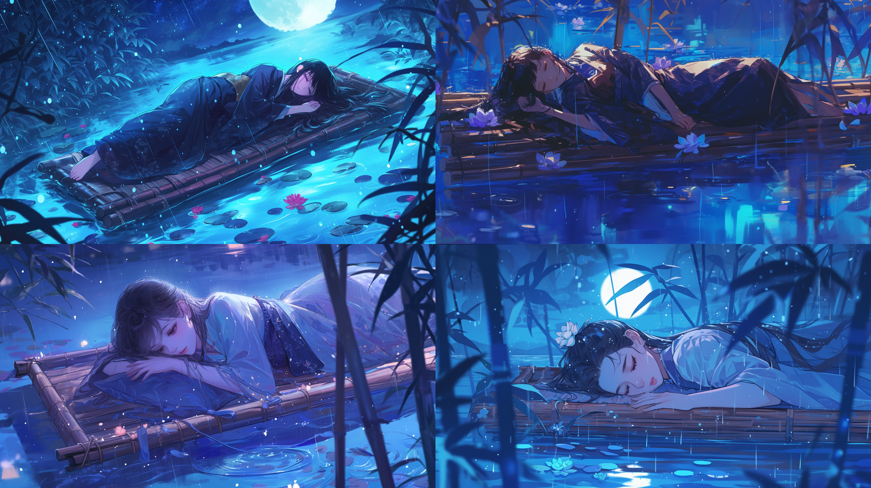 一个夜晚，下着银色的雨，一个女孩安静的昏死过去，躺在一个素雅的野花编制的竹筏上，漂流在河水中，雨滴在竹筏四周溅起水花，夜空中隐约还有月亮