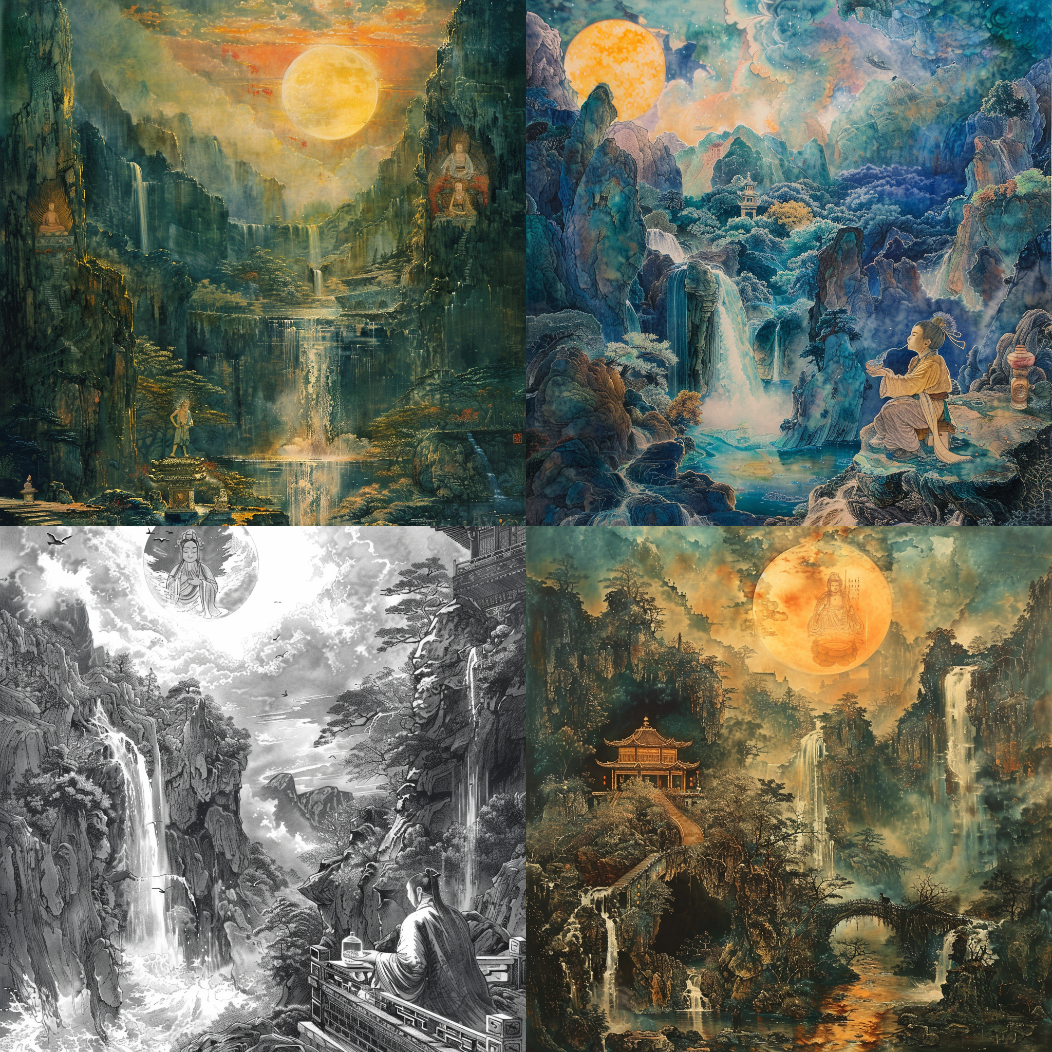 孙悟空在喝水，远处是瀑布，天上有观音菩萨