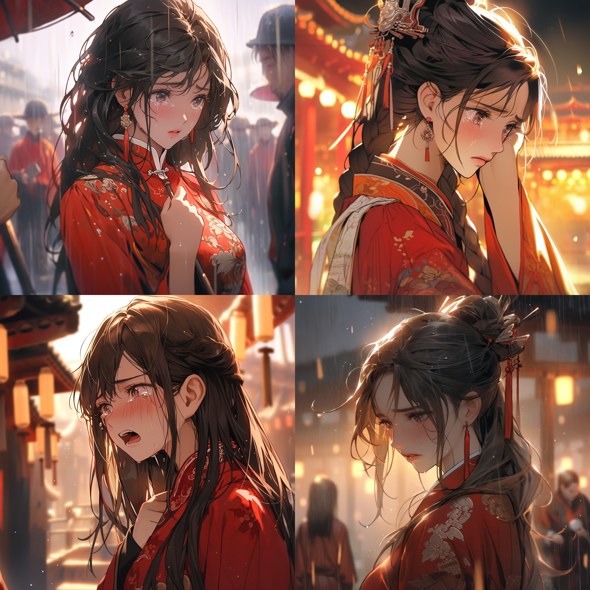 动漫女人，流泪，中式风格，庭院门口，正面拍摄，柔和光线，细节丰富，情感真挚。