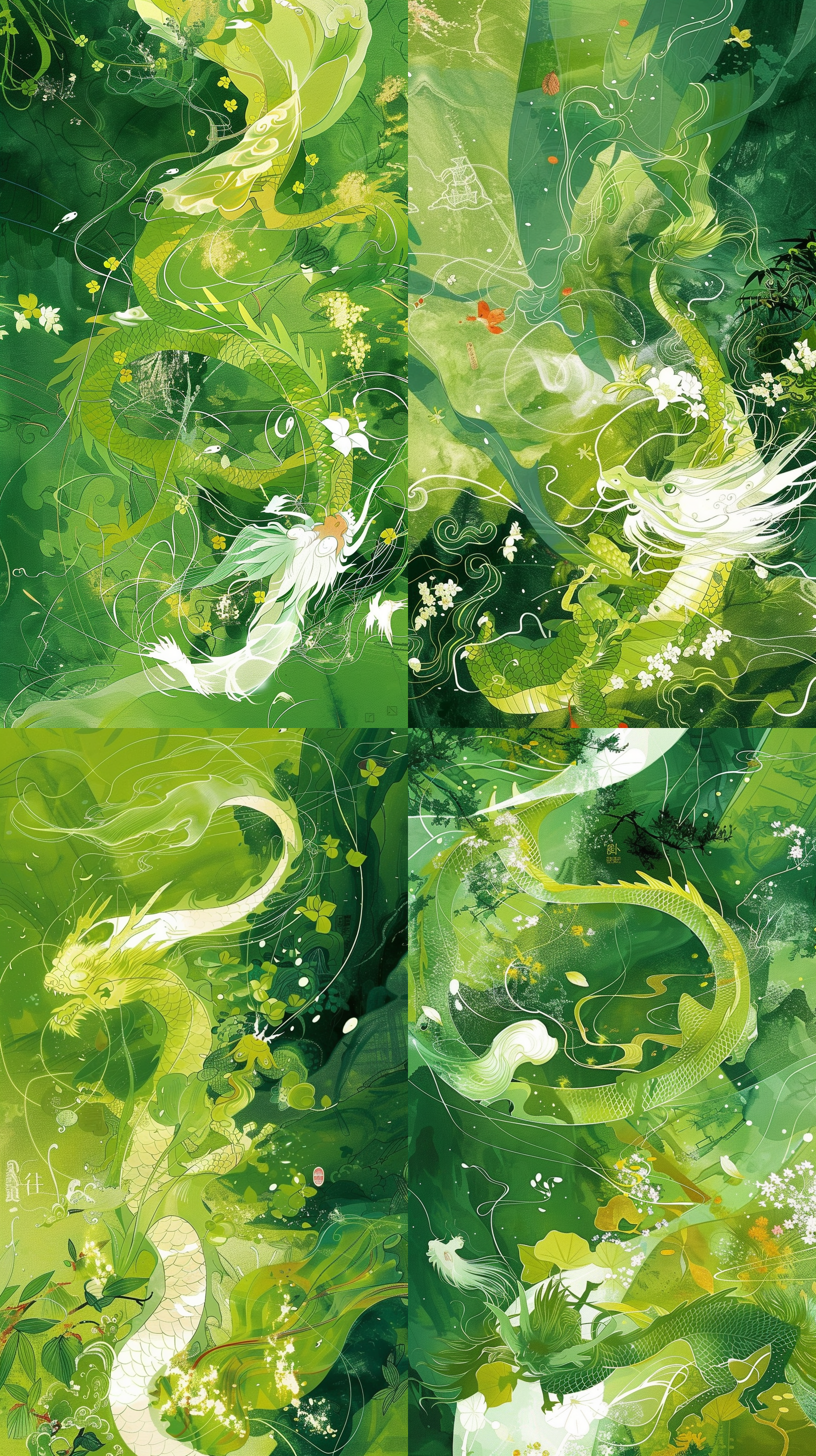 龙迎新春，国风插画，春天气息，艺术感，绿色调，小清新，简洁大方，活泼可爱，绘画风格，细节丰富，绚丽色彩，喜庆氛围，欢快动作。