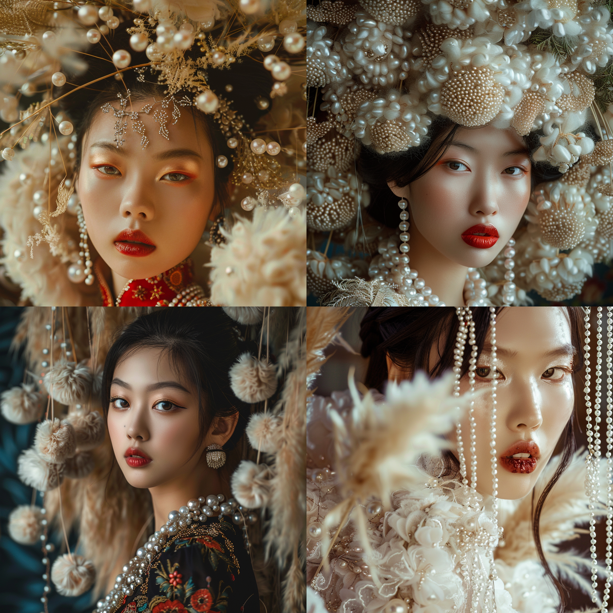 prompt. 蒙古国女模特，时尚杂志肖像, 大体量珍珠, 华丽妆容, 粗呢花, 细节丰富, 超现实, 肖像风格, 高清晰度, 中焦镜头, 室内拍摄, 暖色调, 优雅动作, 静态表情, 珠光宝气。