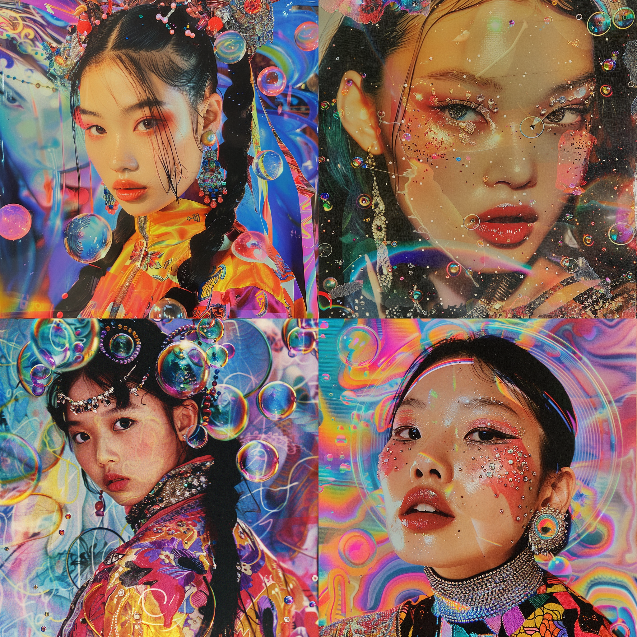 蒙古国少女，2000年代y2k风格，高饱和度，水钻装饰，泡泡 科技元素，pvc材质，荷尔蒙情绪盘，亮面效果，拼贴艺术。