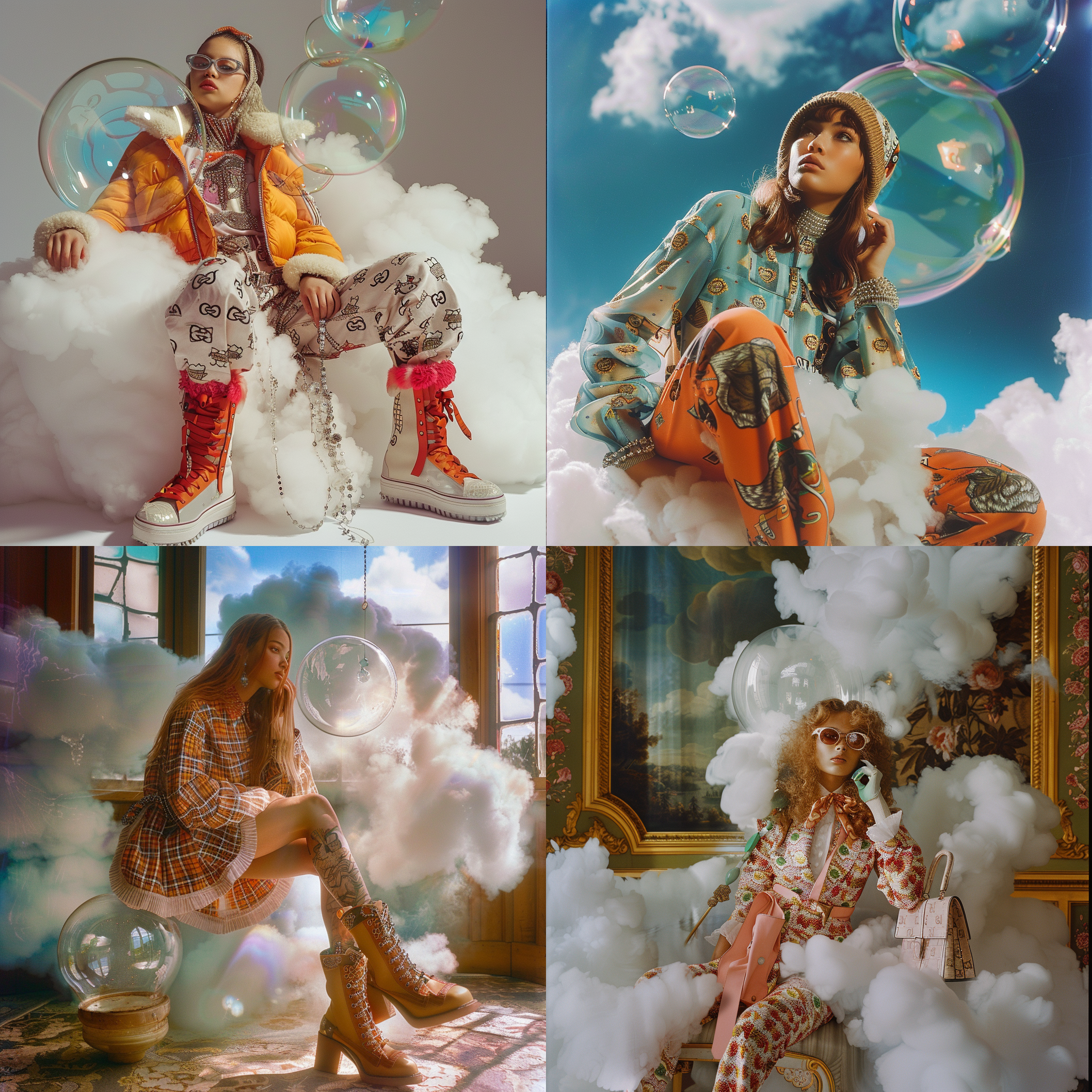 少女，2000年代y2k风格，时尚杂志,全身照,细节丰富,超现实主义风格,摄影棚,泡泡,云朵 gucci