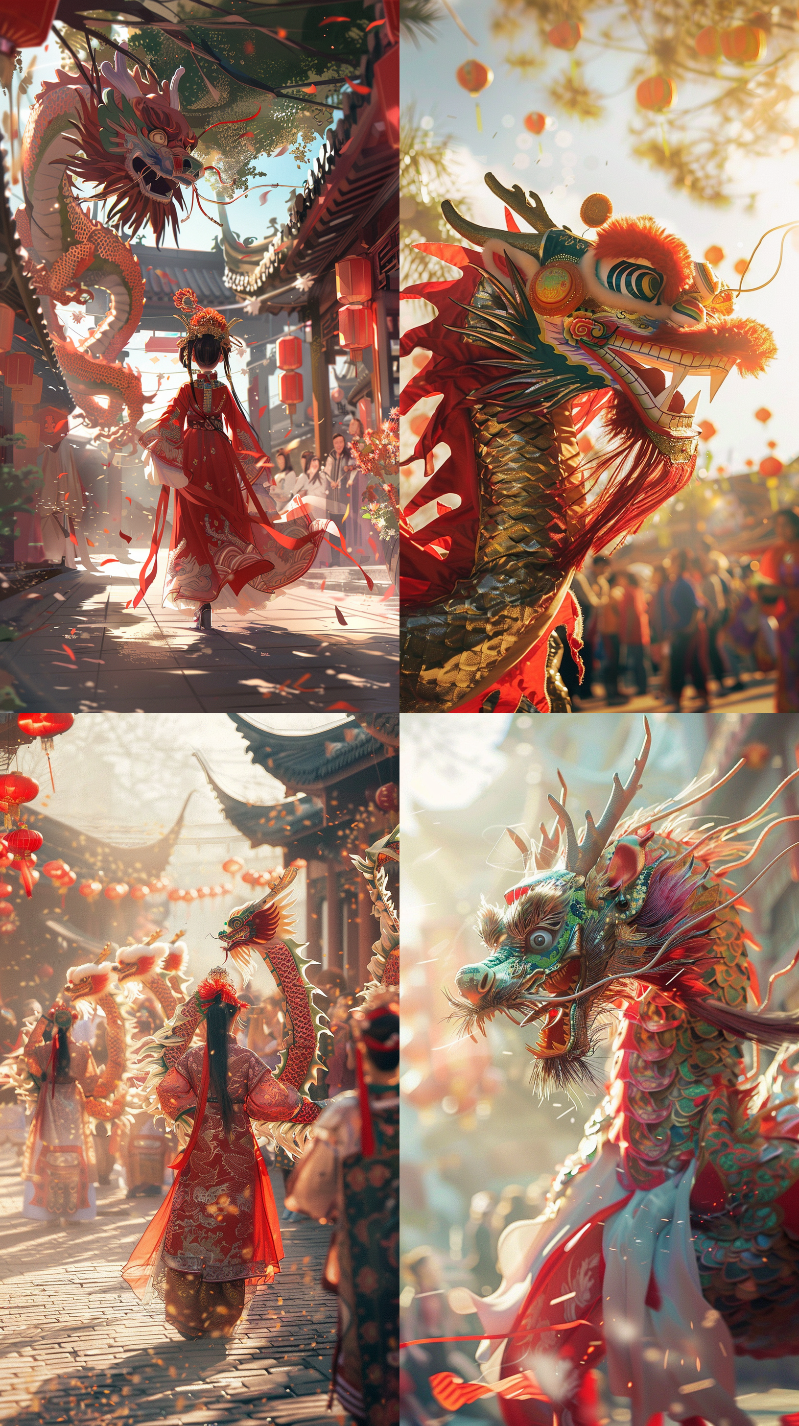 prompt. 人舞龙，远处视角，明亮阳光，户外，传统服饰，长龙道具，热烈氛围，红色主调，喜庆，兴奋。