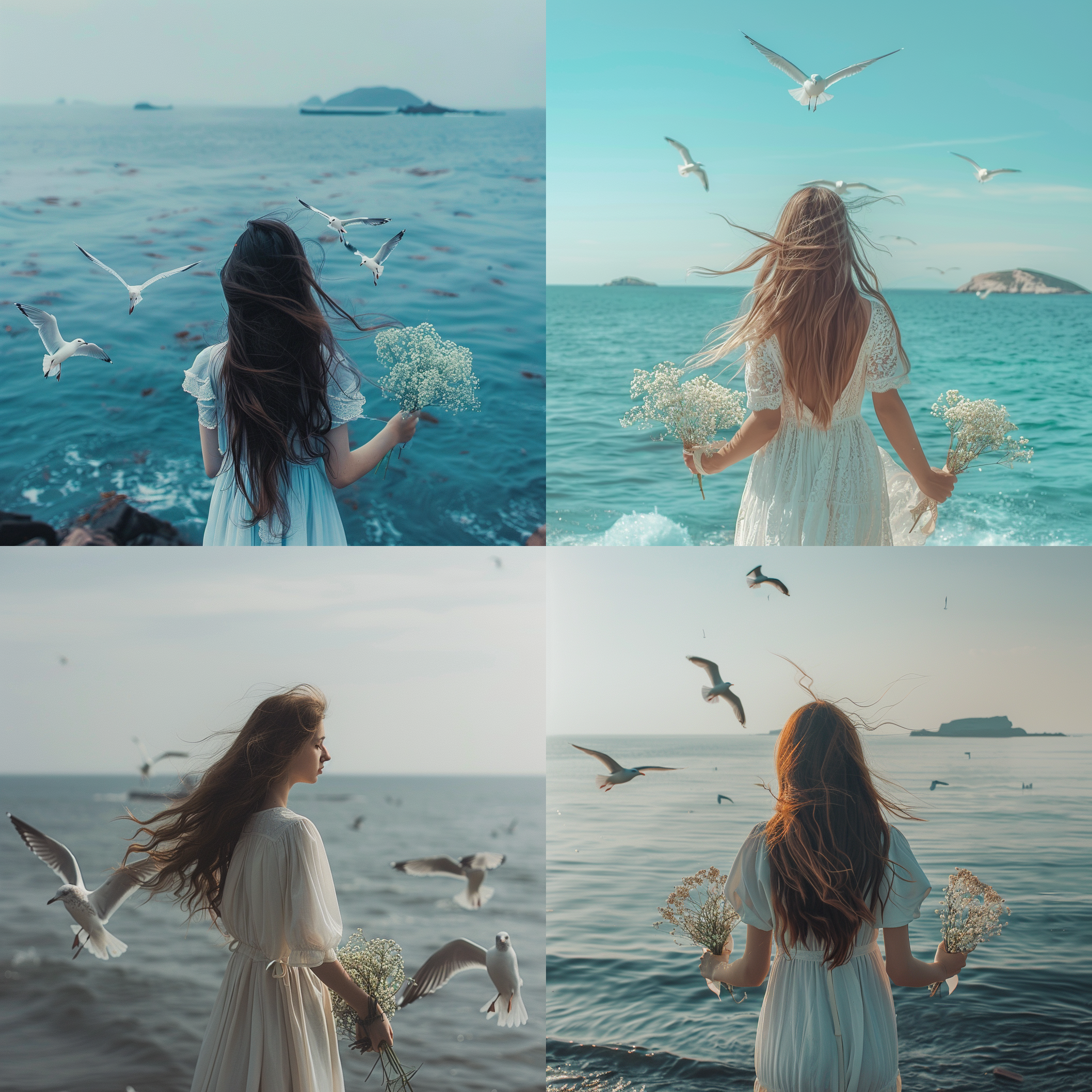 女生面向大海，小岛在不远处，眺望着。她手捧鲜花，长发飘逸。海面上有五只海鸥，其中一只在天空展翅飞翔。构图对称，明亮的色调，远景镜头，柔和光线，静态。