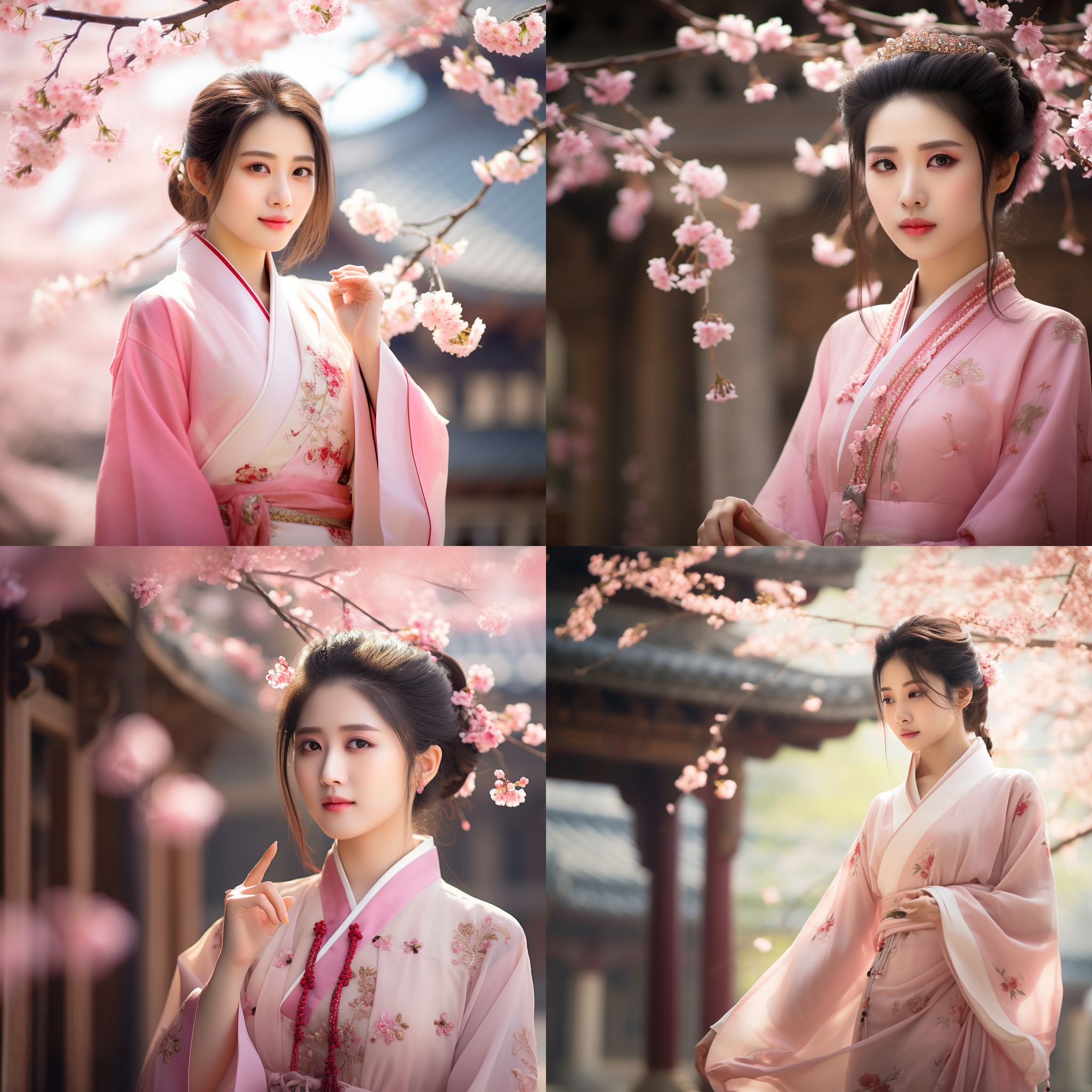 桃花坞中的桃花寺，桃花仙种桃树，古色古香建筑，粉色桃花盛开，一位仙子身穿粉色汉服，微笑面对镜头。古典风格，竖构图，柔和光线，中焦镜头，温暖色调，优雅动作，梦幻氛围，喜悦。