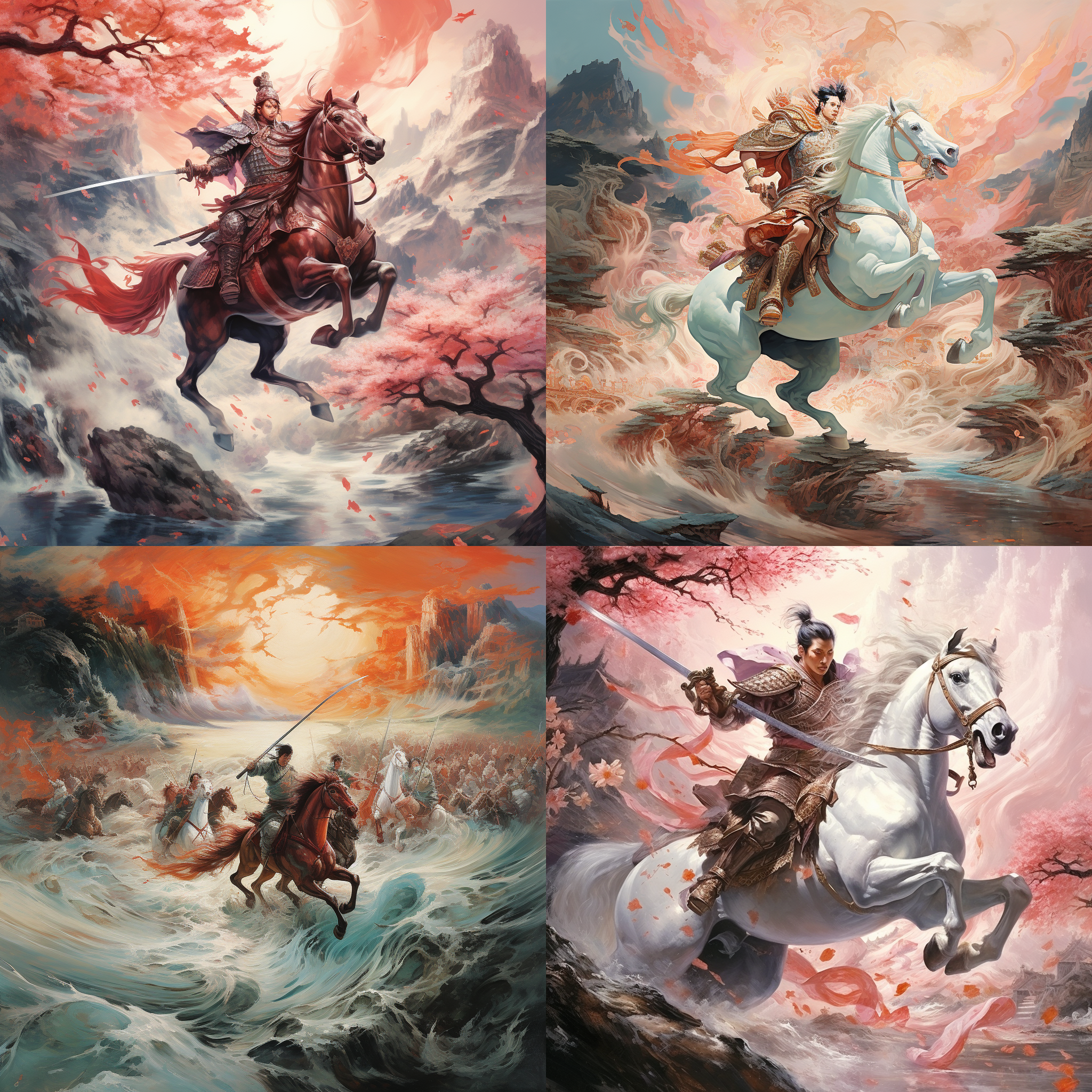 秀兰刀破天门阵，桃花马踏西夏川, 古代战场, 英雄风采, 战马奔腾, 战士英姿, 刀剑交错, 雄壮气势, 反差强烈, 震撼色彩, 威严肃穆, 沉稳。