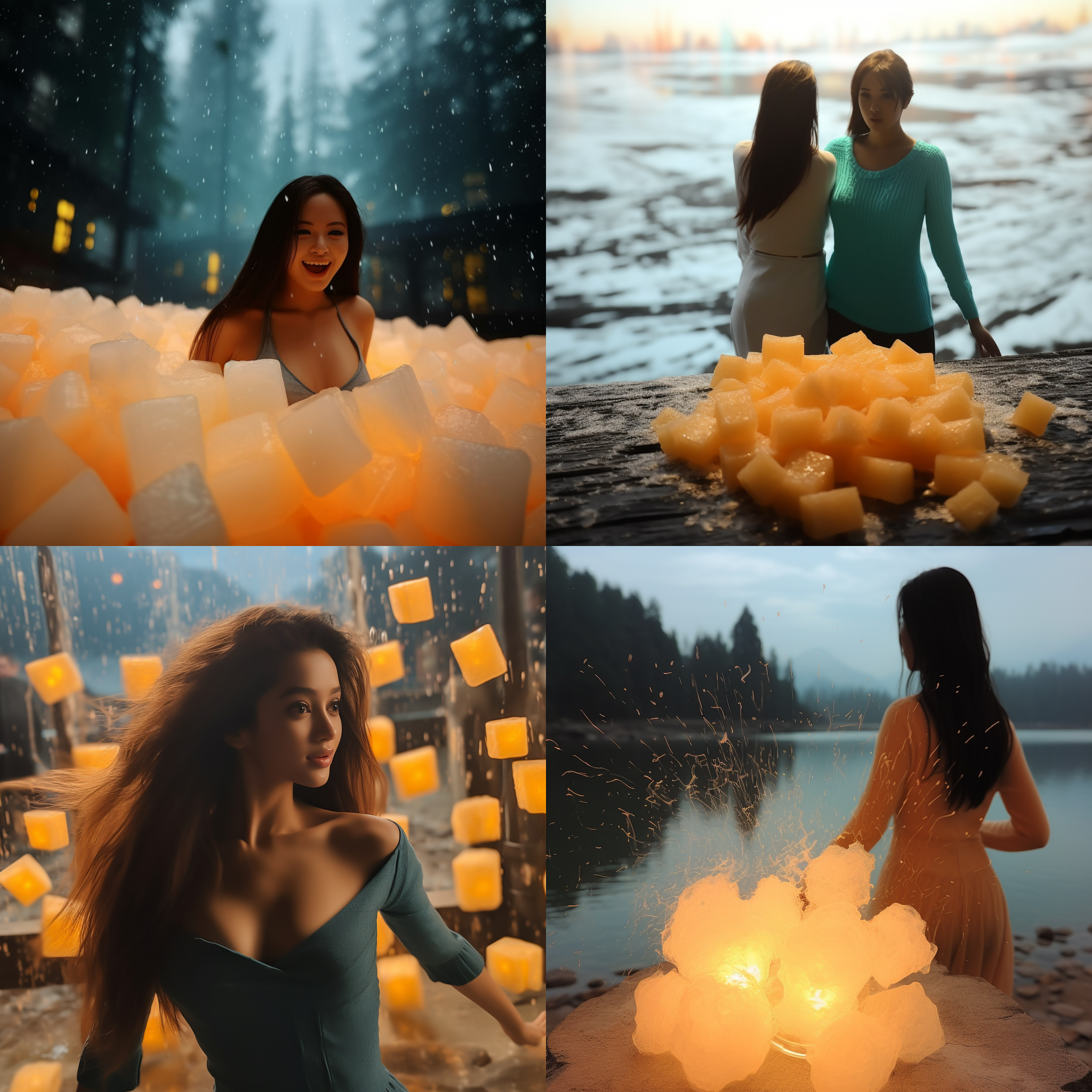 烟花绽放，沙滩背景，美女翩翩起舞，夜晚，长焦镜头，色彩缤纷，抓拍，欢快，浪漫，兴奋。 超现实主义