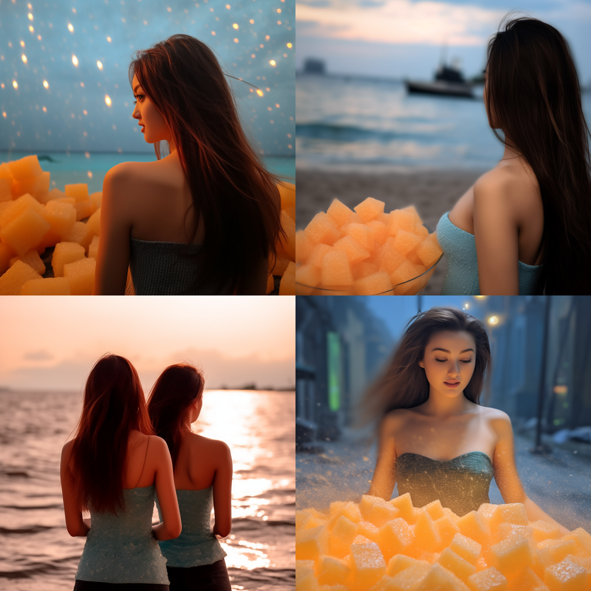 烟花绽放，沙滩背景，美女翩翩起舞，夜晚，长焦镜头，色彩缤纷，抓拍，欢快，浪漫，兴奋。 超现实主义