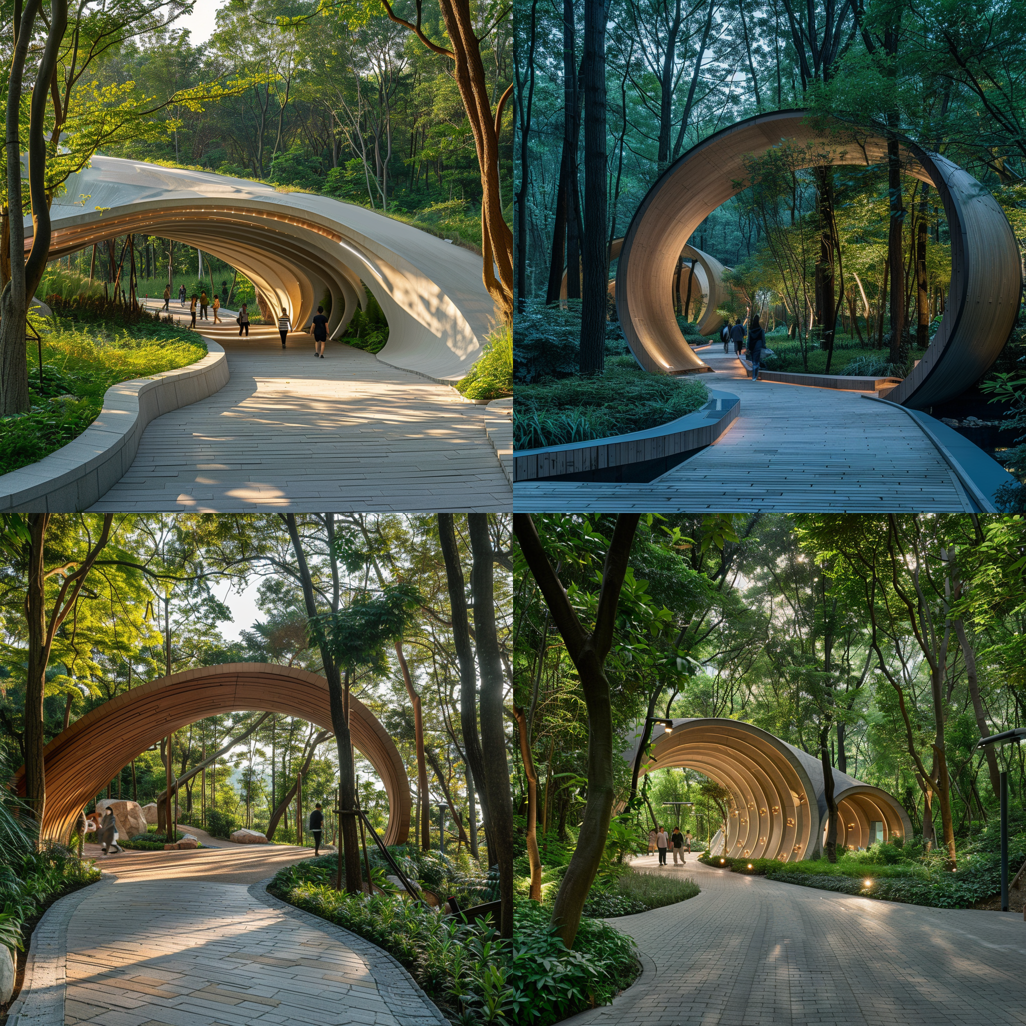 林间休闲步道入口设计，曲线形状，自然环境，绿色植被，透视感，长焦镜头，自然光，行人走过，欢快，和谐。