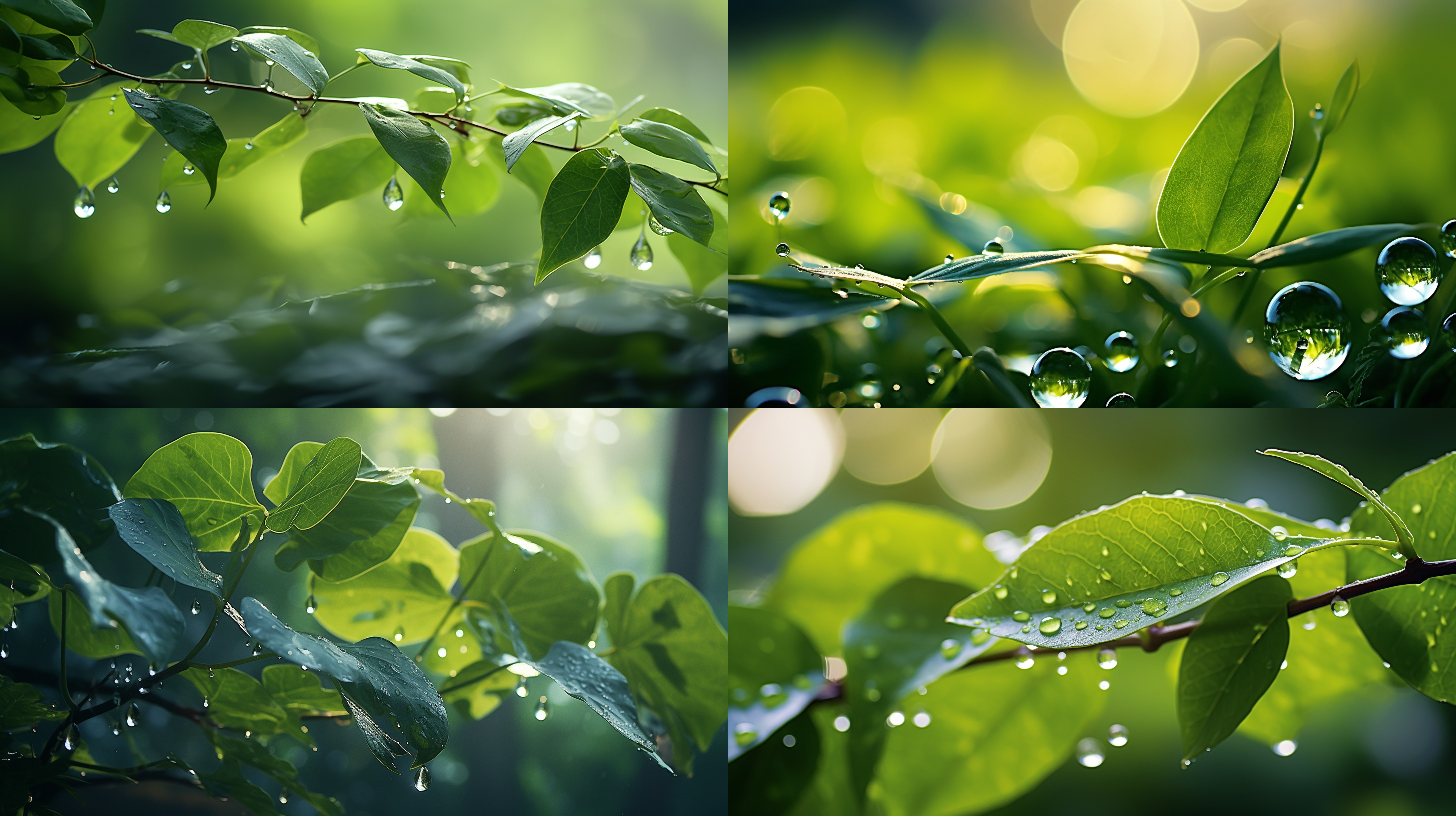 绿叶上的水珠，阳光暖色洒落其中，创造出梦幻般的温馨氛围。静态的画面中，绿叶和水珠形成了主要构图元素，展现出生机勃勃的自然景观。阳光的暖色调给人一种宁静和舒适的感觉。