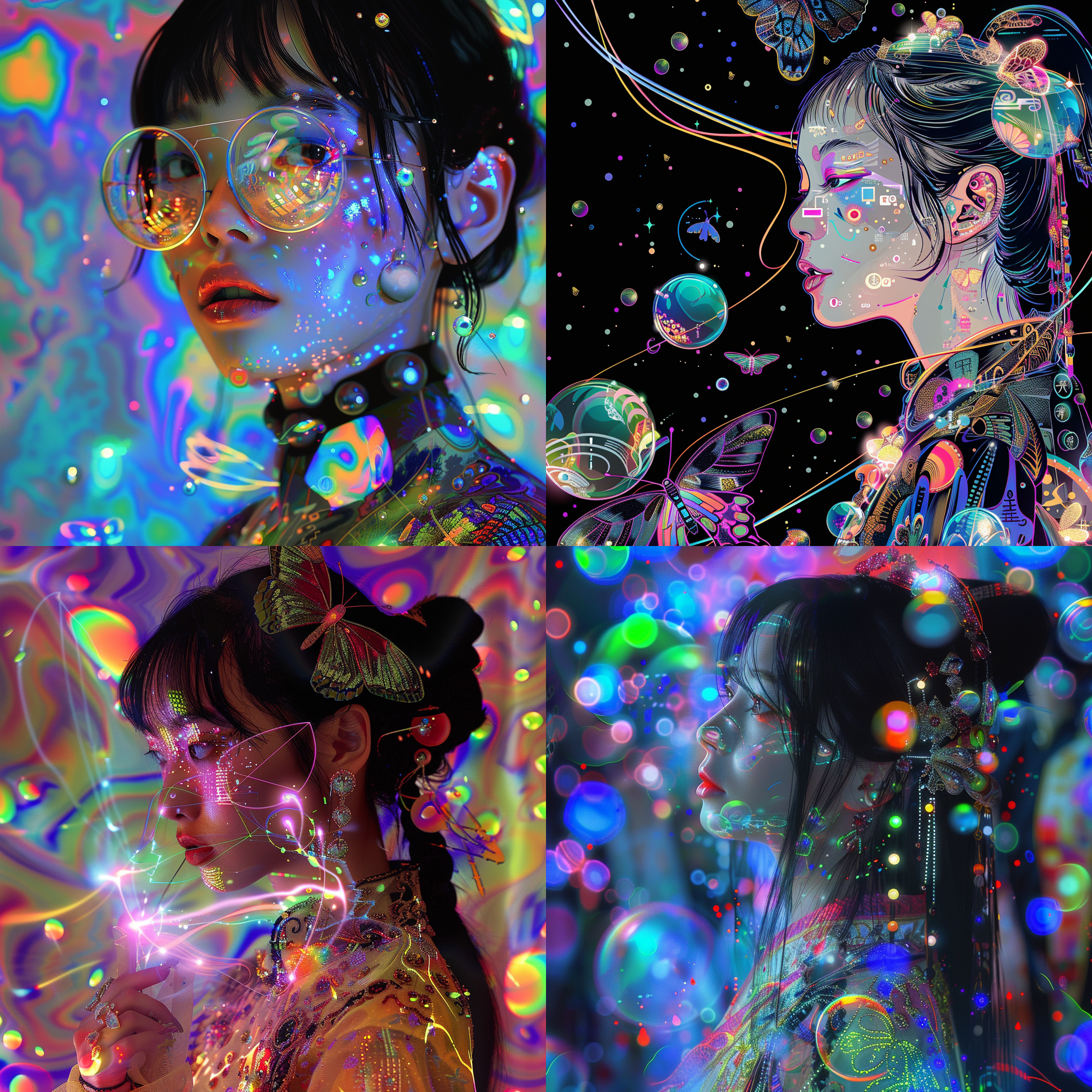 中国少女，2000年代y2k风格 怪诞 迷幻 几何 泡泡。 发光的蝴蝶 科技元素，星星 荷尔蒙情绪盘， harry clarke。赛博朋克 