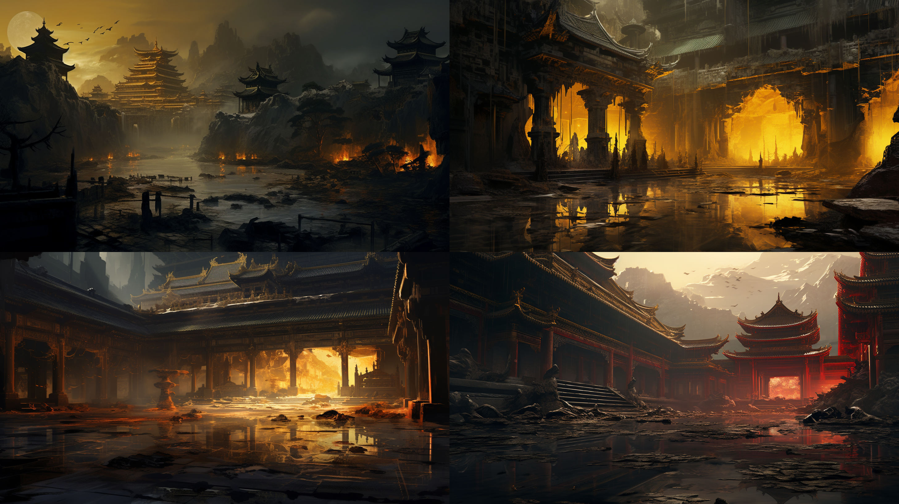 prompt. 荒废明朝宫殿，黄沙淹没，动漫风格，神秘氛围，遗迹，细节丰富，暗调，远景，角度适中，光影变化，古老建筑，金黄色调，寂静。