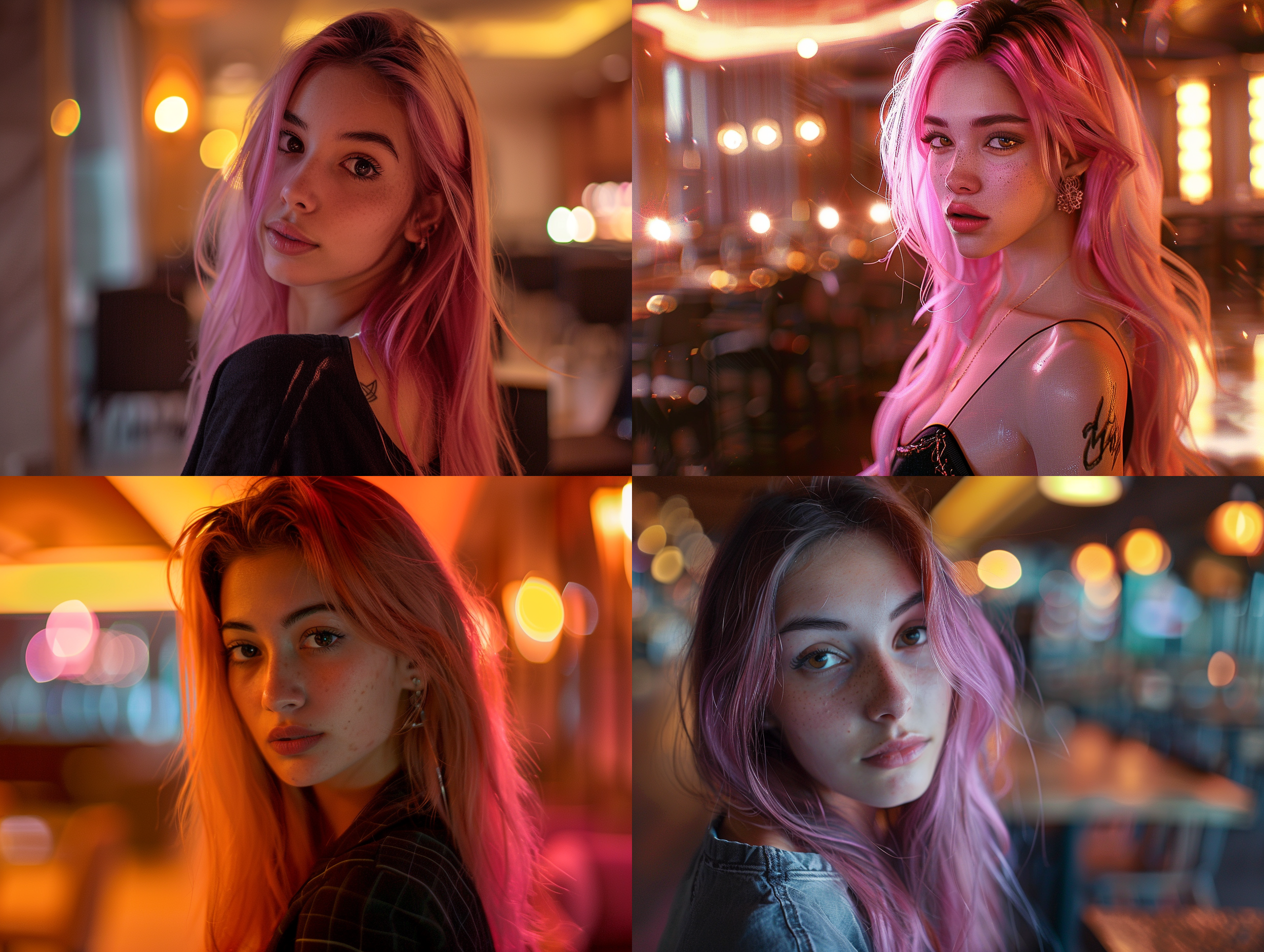 一个少女，粉色过肩长发，棕色眼睛，在酒店的宴会厅，现代都市风格，暖色调，电影灯光