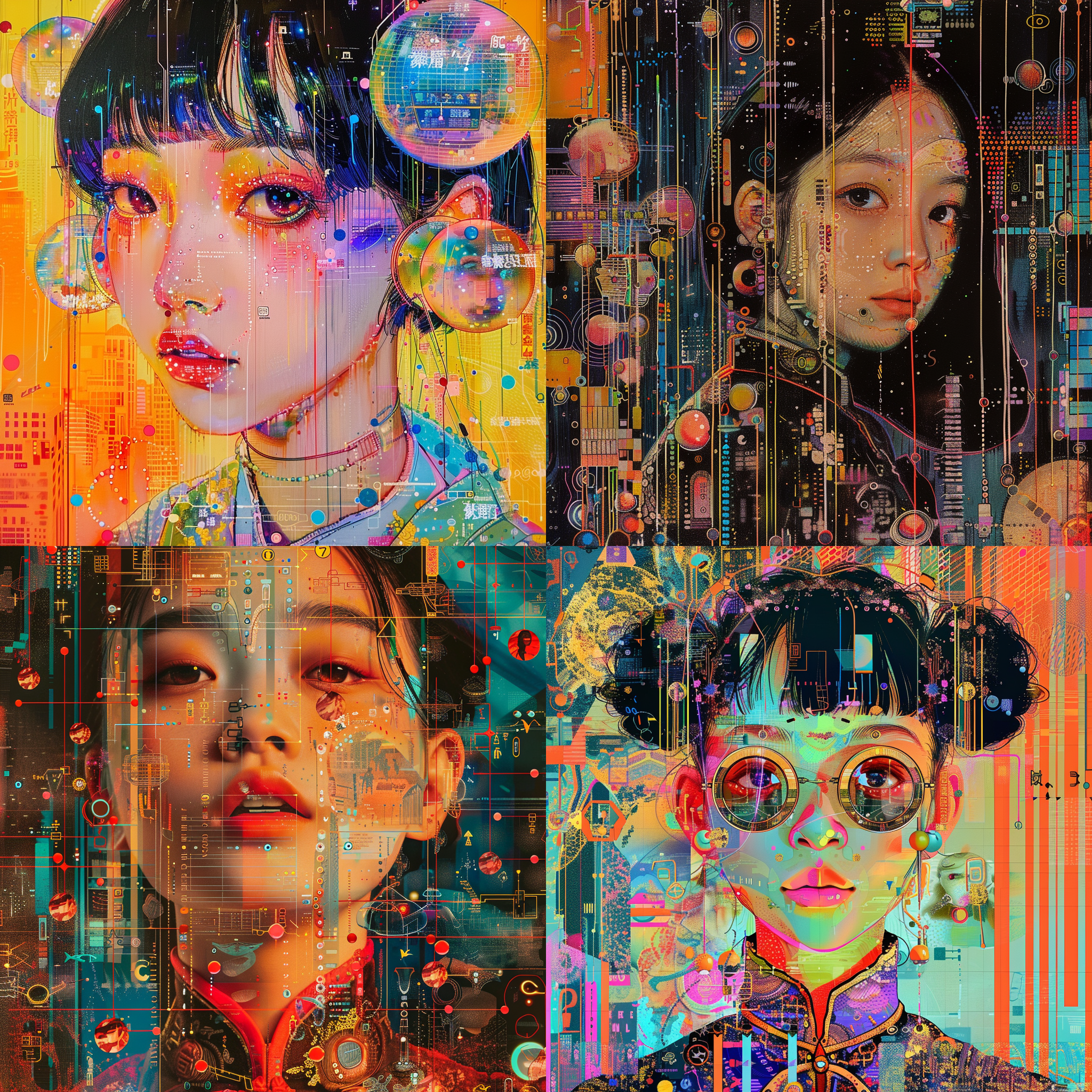 中国少女，2000年代y2k风格 怪诞 迷幻 几何 泡泡 科技元素，古典 荷尔蒙情绪盘， harry clarke city pop