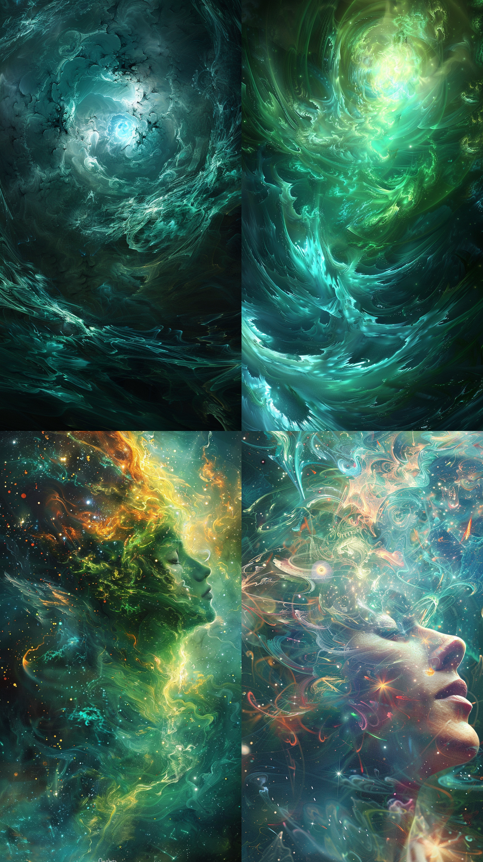 prompt. 宇宙与自然，高维智慧，能量充盈，蓝绿色调，宇宙背景，广角镜头，神秘光芒，浮动动作，宏伟，平静。