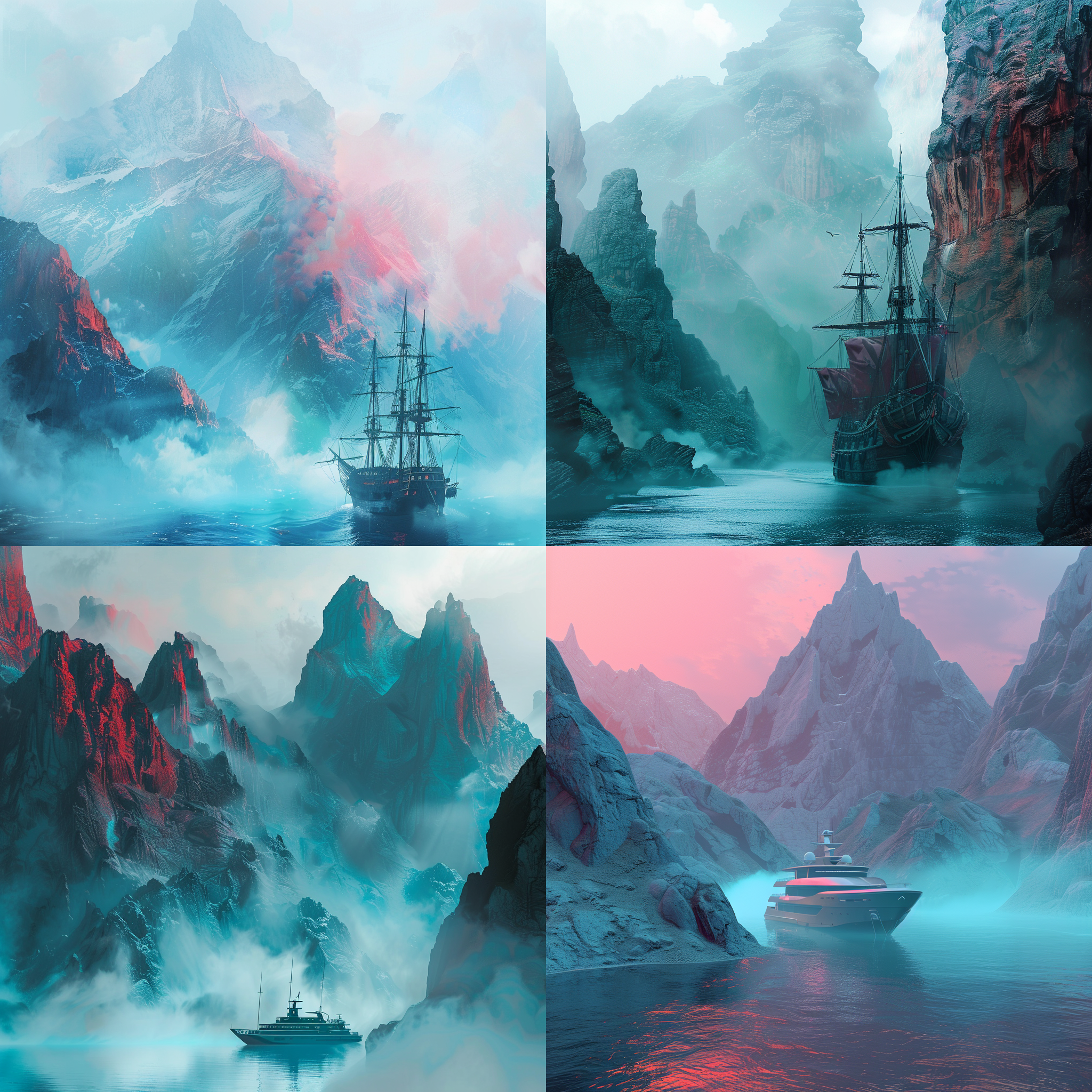 prompt. 船在蓝雾和山脉中，petrina hicks风格，奇幻地形，浅红和翠绿，uhd图像，美得令人难以置信。