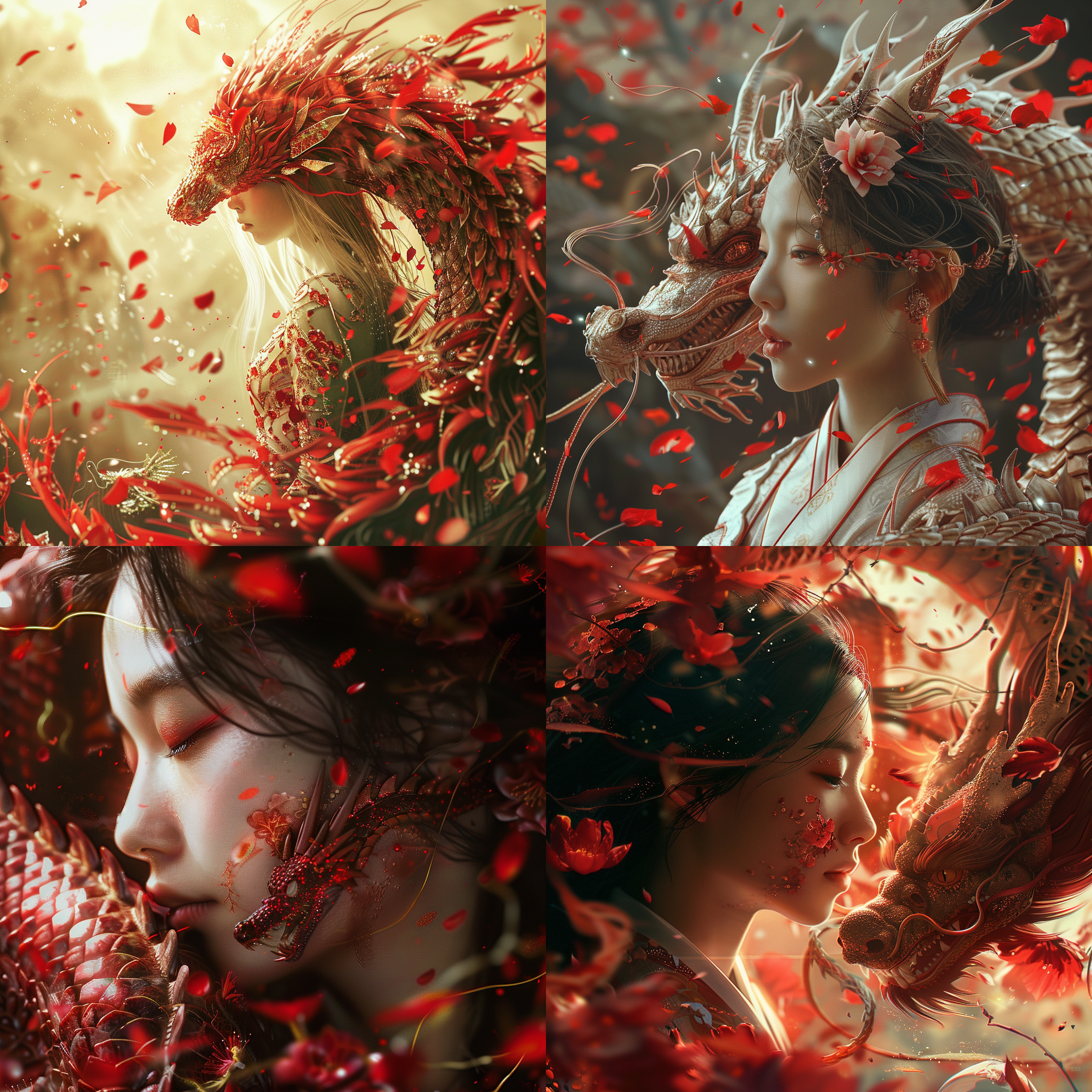 prompt. 少女古风, 龙图腾,充满整个画面的红色花瓣， 红金色, 中焦镜头, 细致纹理, 和谐色调, 柔和侧光, 静态, 平静.