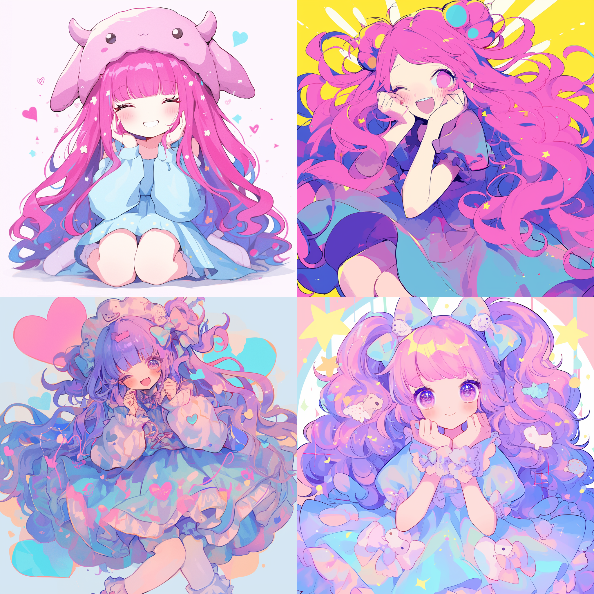 prompt. 粉爱心头饰，蓝紫服饰，瓜子脸微笑，二次元风格，长发腰部，黑眼粉嘴，浅蓝裙紫纱，可爱表情，动漫风格，明亮色调，全身特写。