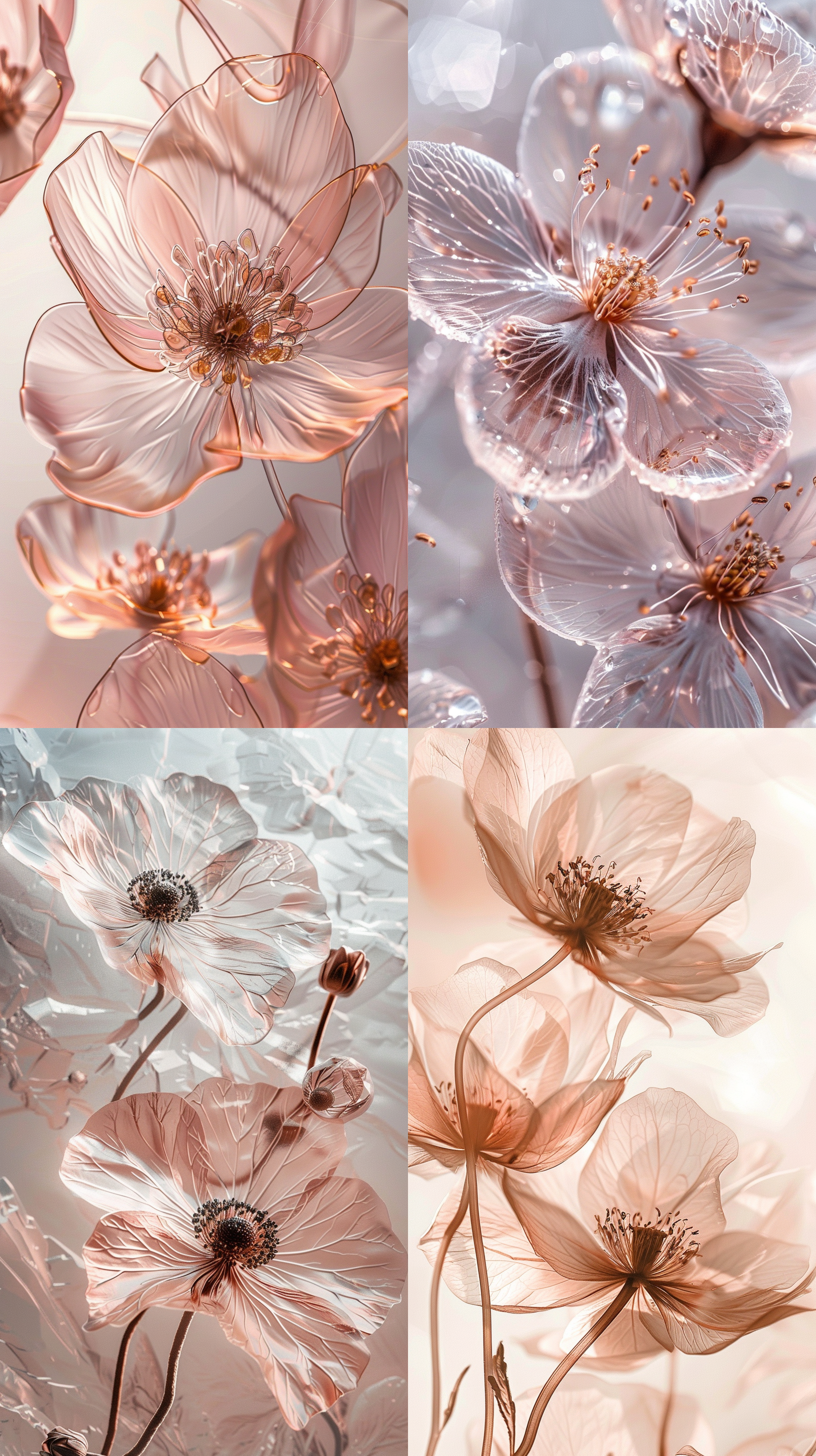 透明花特写照片，透明，浅粉色和浅铜色风格，elsa bleda,图片，细线，由水晶制成，数字花，干净的水晶纹理背景。透明的花朵置于干净而光滑的水晶纹理背景上，细线勾勒出花朵的轮廓。整体色调为浅粉色和浅铜色，呈现出幻梦般的效果。花朵散发着透明的光芒，犹如数字化的花朵，展现出一种神秘而迷人的氛围。