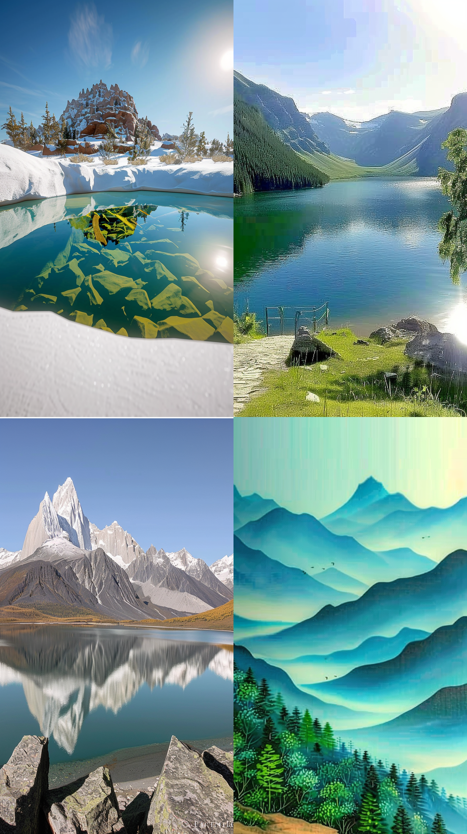 雪山反射阳光，天空蔚蓝，清澈绿水，近景树林，宽广画面，远景山脉，高饱和度，自然光，远景视角，冷色调，宁静。