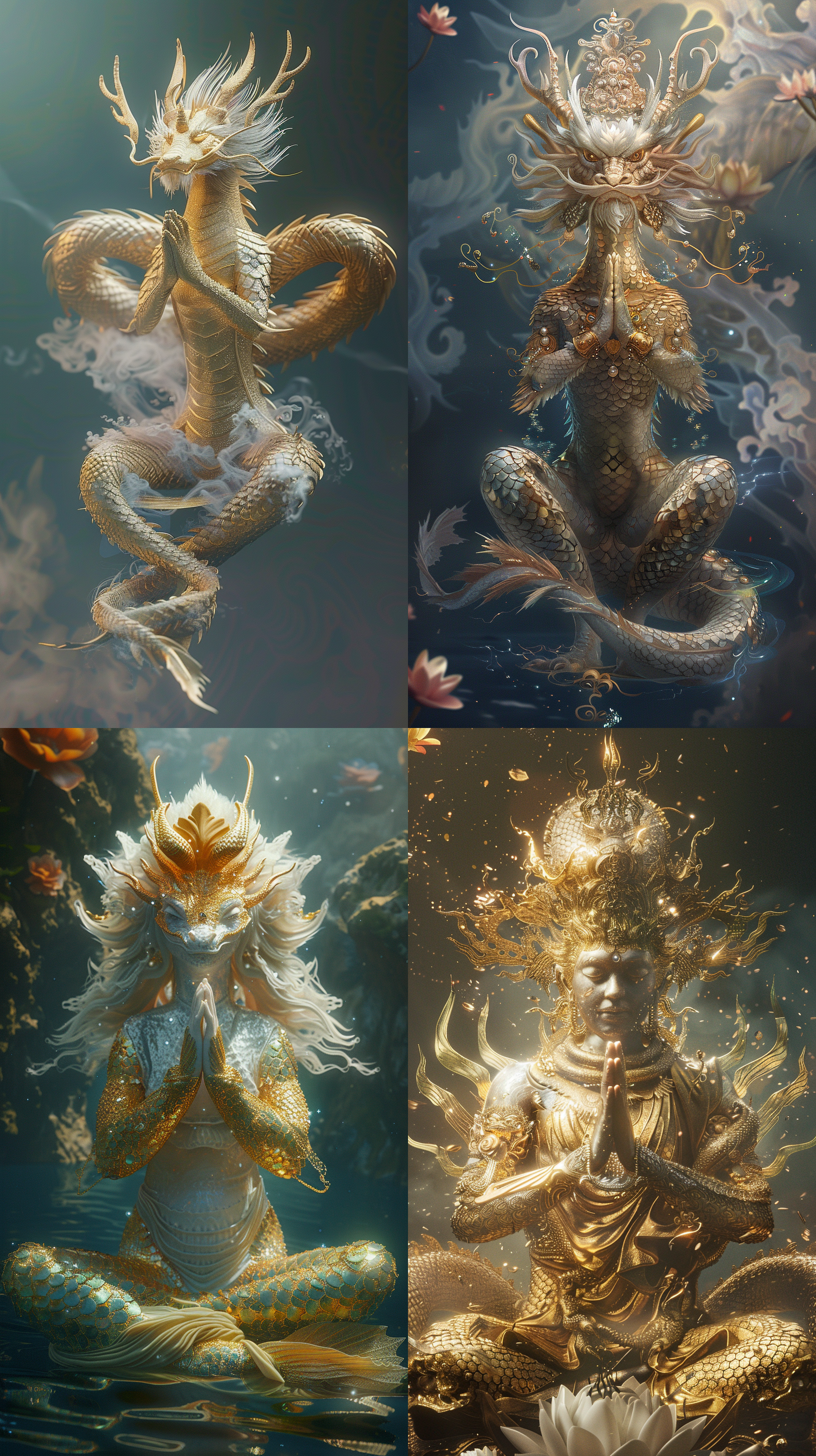 a personified mythological creature, dragon, with sparkling golden scales, floating in mid air, immersed in deep meditation. it poses with hands clasped in prayer, feet crossed in lotus sitting position, gently closing its eyes, conveying a sense of tranquility and spirituality. the unique hair accessories highlight its traditional hairstyle and add to its sacred appearance. a clear sense of magic and fantasy permeates the air around it, as if it has transcended the boundaries of the secular world. buddha's light shines, lotus flowers bloom, and the engine of dreams.