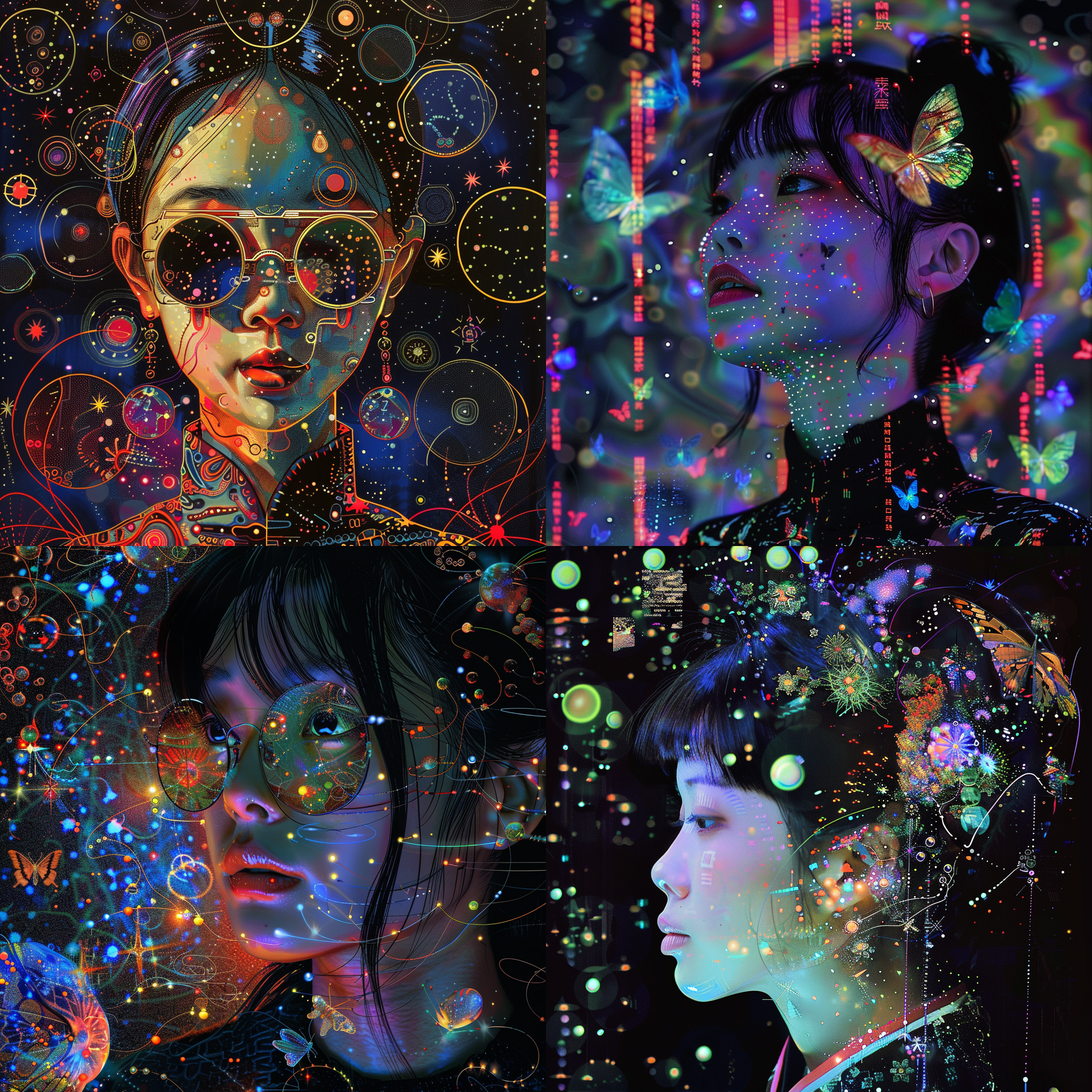 中国少女，2000年代y2k风格 怪诞 迷幻 几何 泡泡。 发光的蝴蝶 科技元素，星星 荷尔蒙情绪盘， harry clarke。赛博朋克 星空 宇宙 