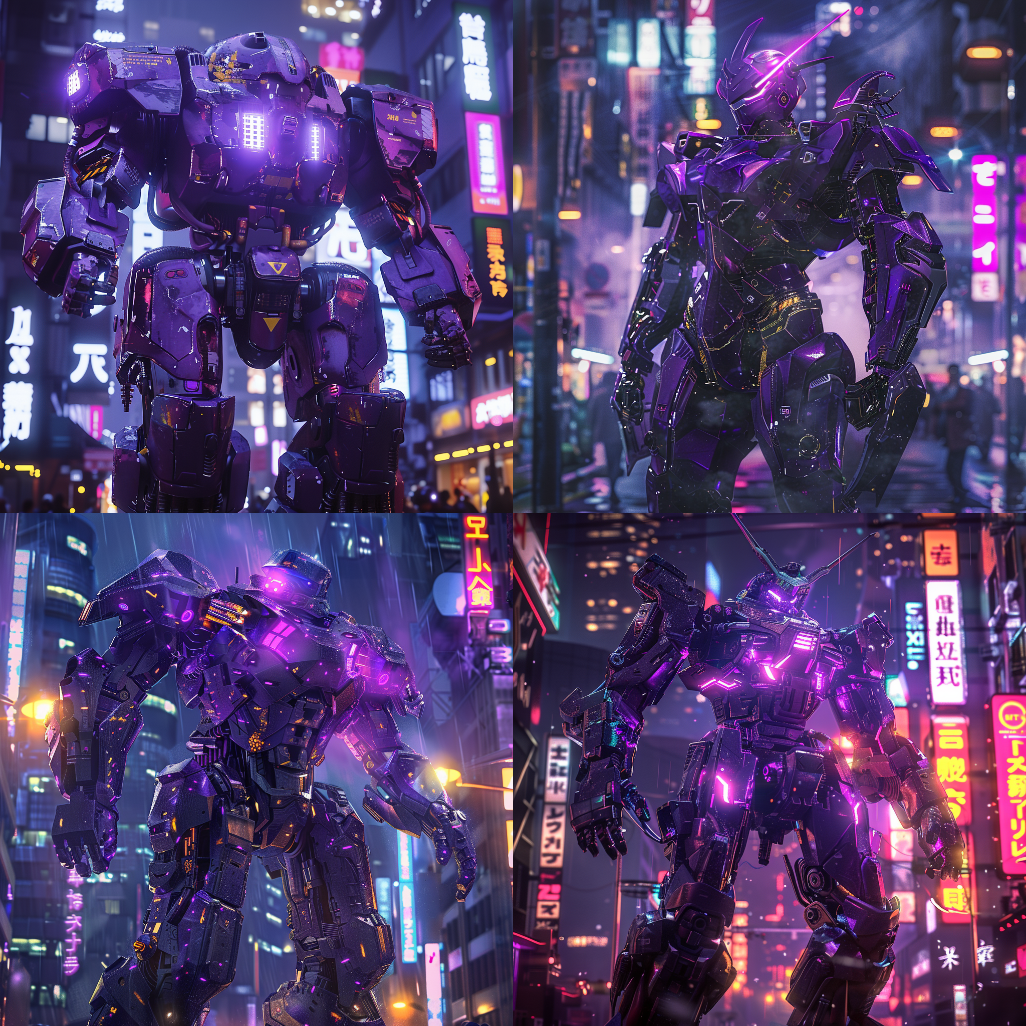 prompt. 未来机甲，紫色铁甲，金色日文，夜晚城市，机器人，霓虹光线，金属质感，动态姿势，侧逆光，宽广视角，冷色调，战斗氛围。