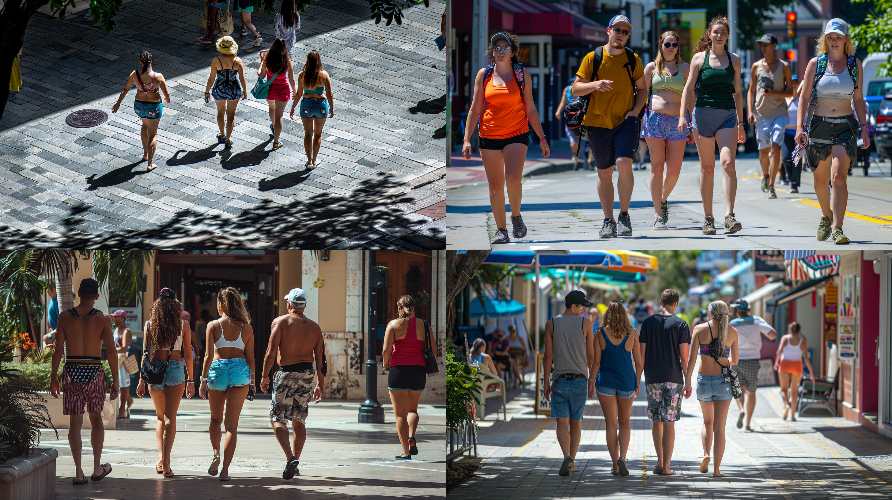 prompt. 5人行走，对角线构图，街道广场，炎热天气，夏天，短裤，背心，长焦镜头，自然光，轻松愉快，色彩饱满，自然表情，友好。