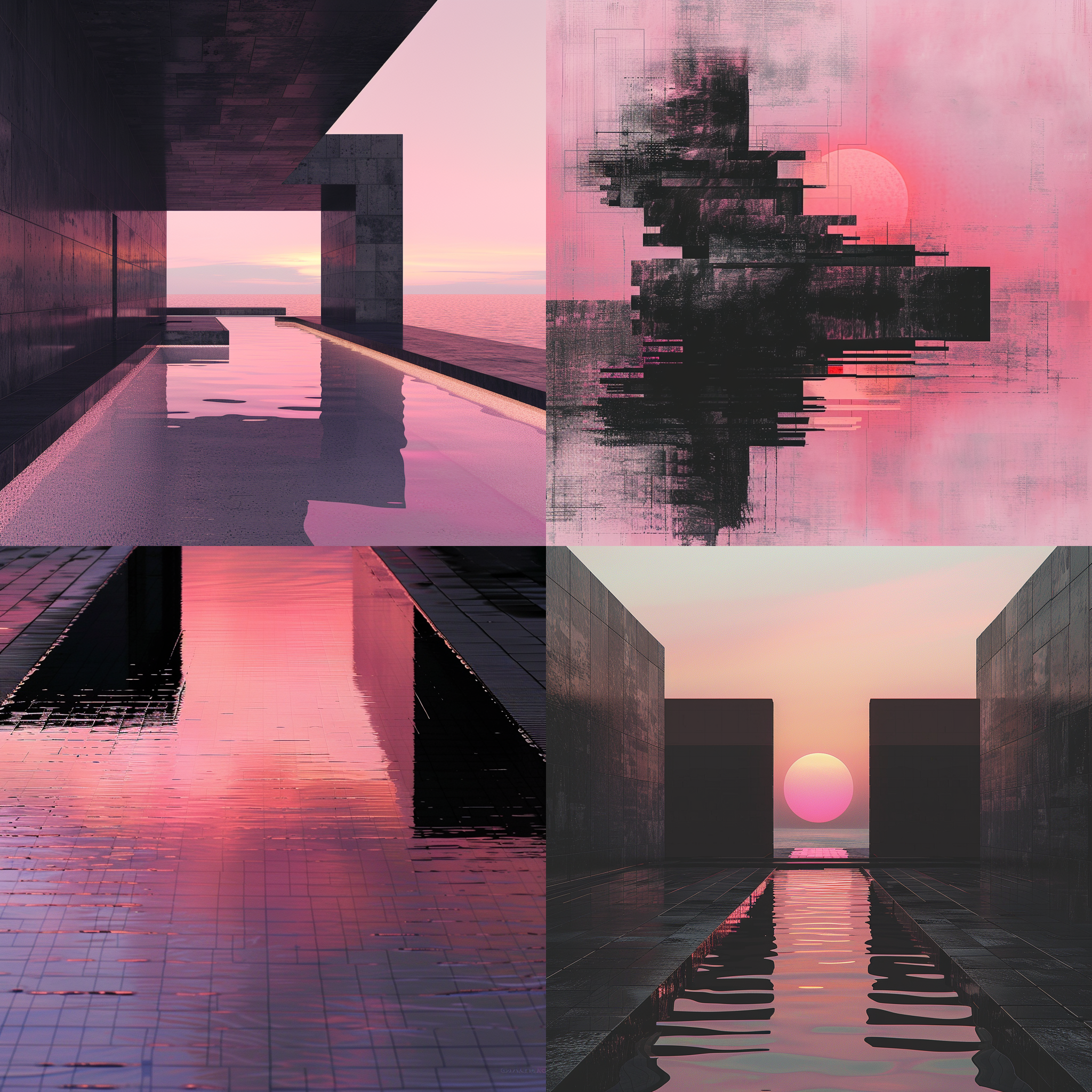 prompt. 粉色晚霞，黑瓦建筑，水面倒影，落日，扁平化，极简，意境水墨，湿墨，高斯模糊，弥散渐变，动态模糊，朦胧光，细节精致。