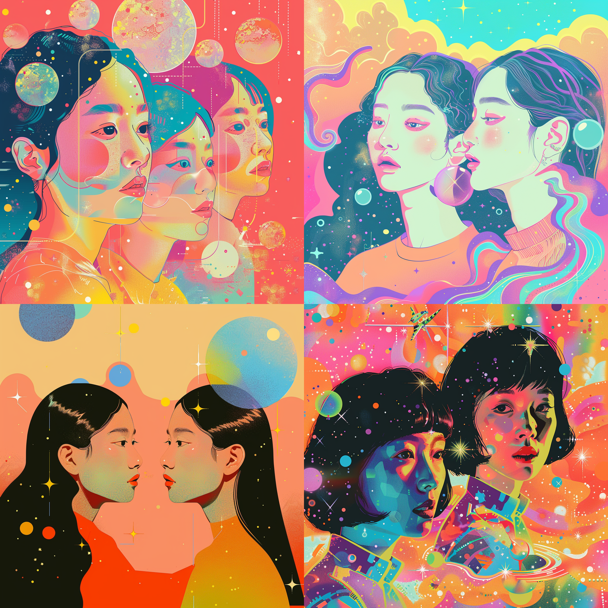 中国少女 极简主义 矢量平面插画 星星 泡泡 荧光彩色 拼贴艺术