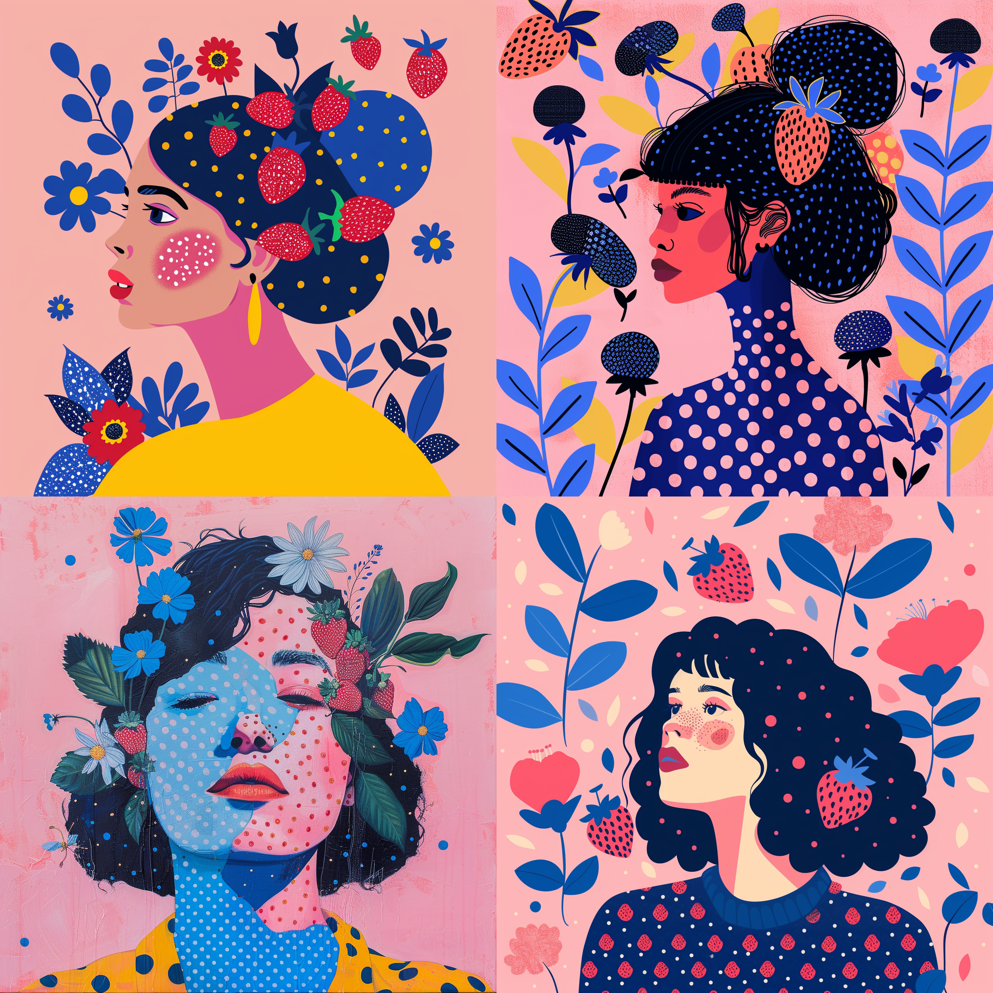 一个女人 蓝点点 草莓 大胆的线条和纯色 极简主义风格 粉色背景 花朵 爱心 