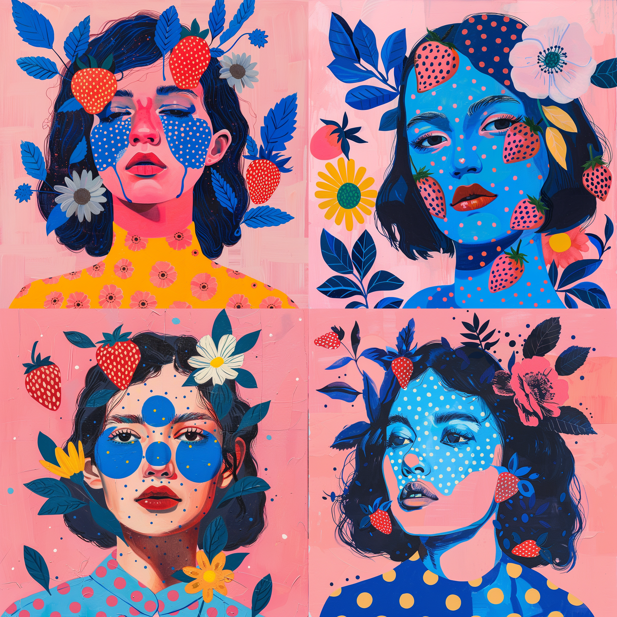 一个女人 蓝点点 草莓 大胆的线条和纯色 极简主义风格 粉色背景 花朵 爱心 