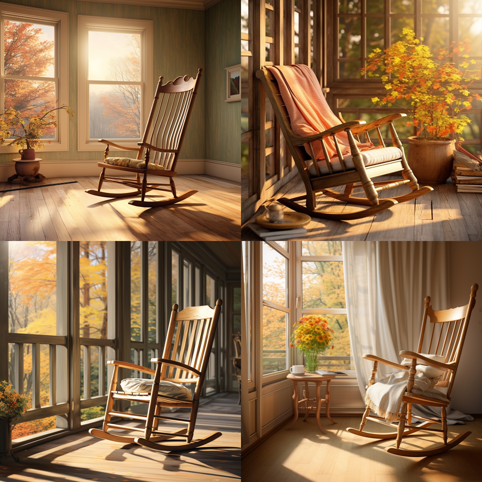 prompt. 摇椅在秋天的阳光下摇摆，安静的田园风格，木质摇椅，自然光，柔和色调，静态，舒适，温馨。