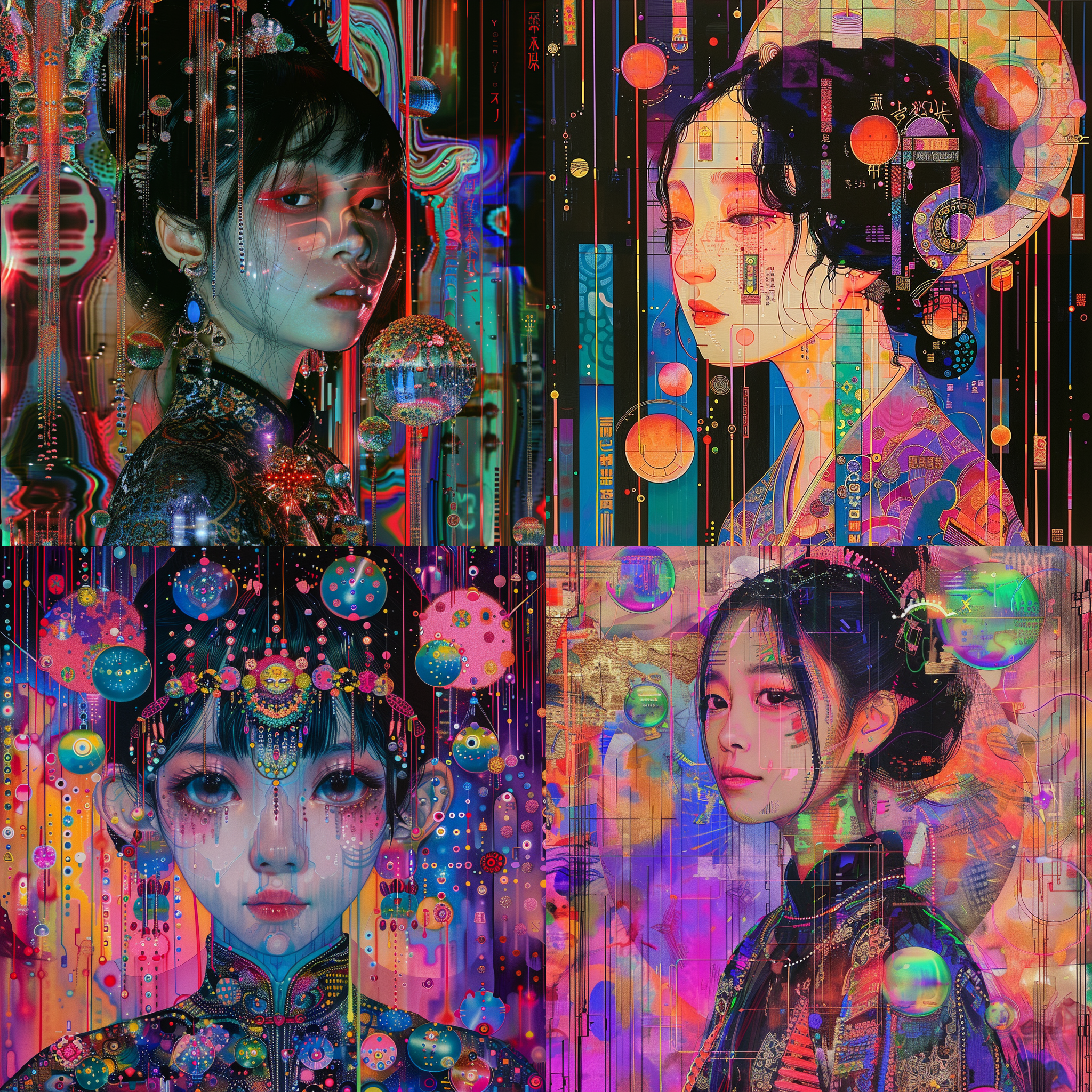 中国少女，2000年代y2k风格 怪诞 迷幻 几何 泡泡 科技元素，古典 荷尔蒙情绪盘， harry clarke city pop