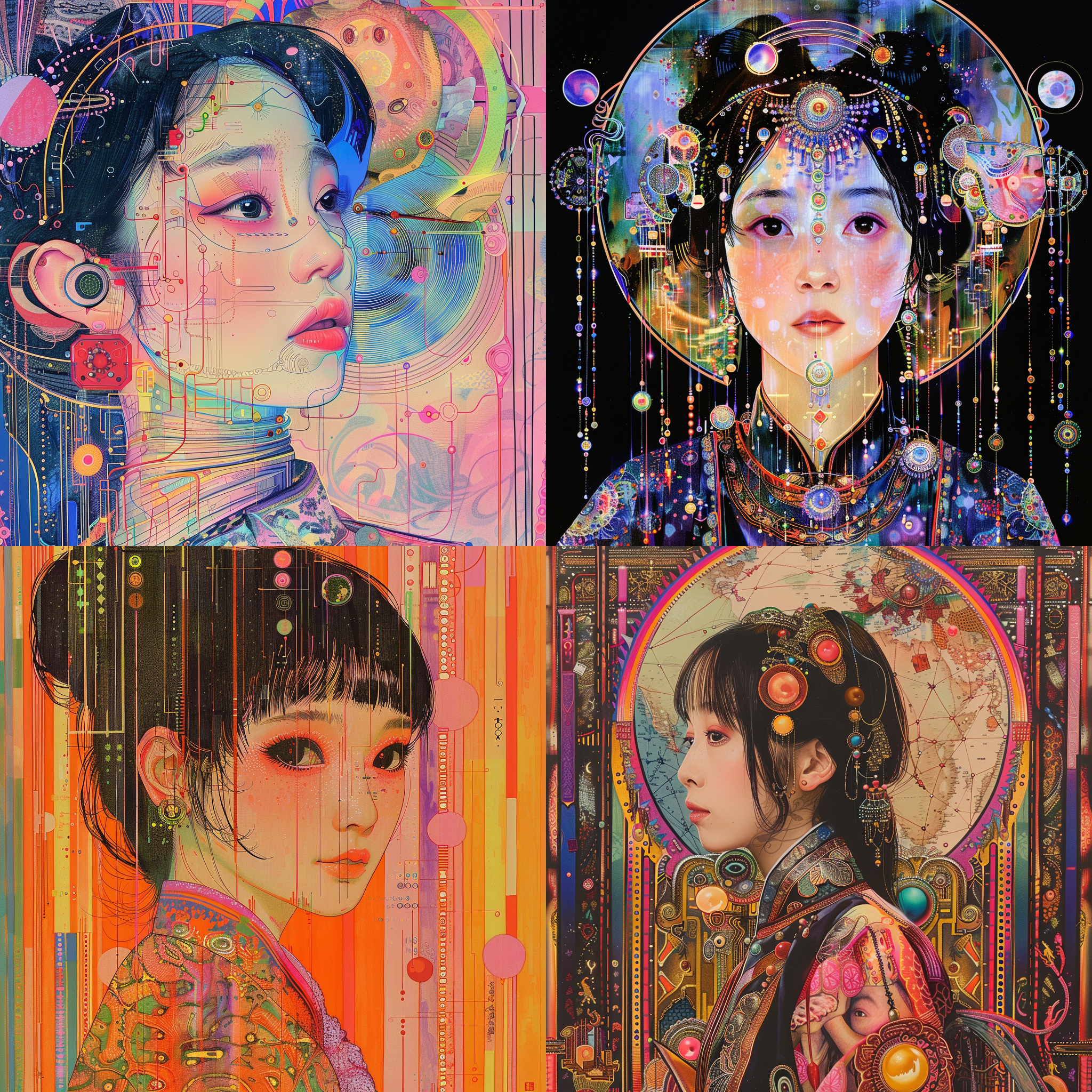 中国少女，2000年代y2k风格 怪诞 迷幻 几何 泡泡 科技元素，古典 荷尔蒙情绪盘， harry clarke city pop