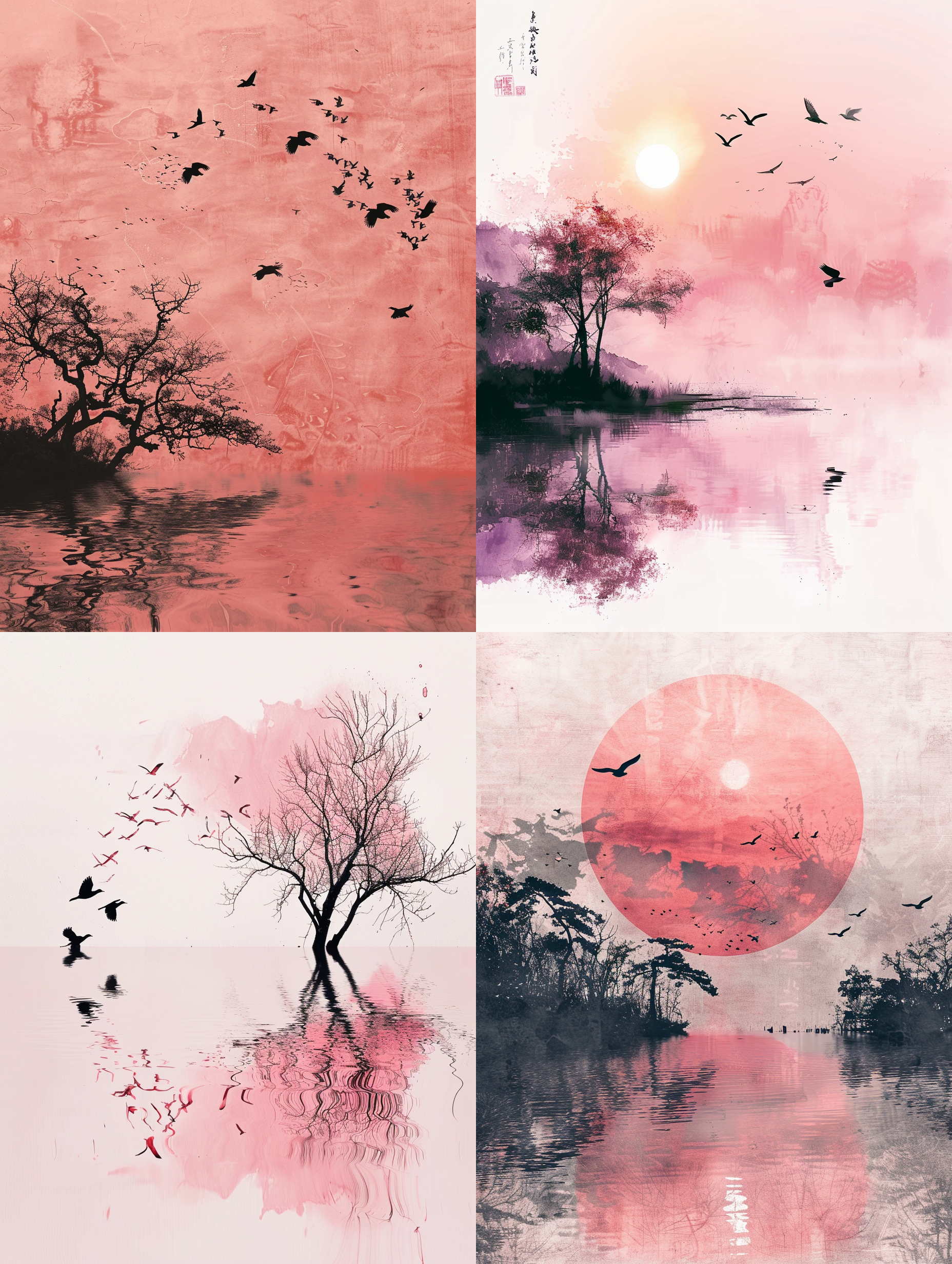 prompt. 粉色晚霞，黑色飞鸟，古树，水面倒影，落日夕阳，扁平化，极简，新中式风格，炫彩光影，意境水墨，湿墨，高斯模糊，弥散渐变，动态模糊，朦胧光，细节精致.