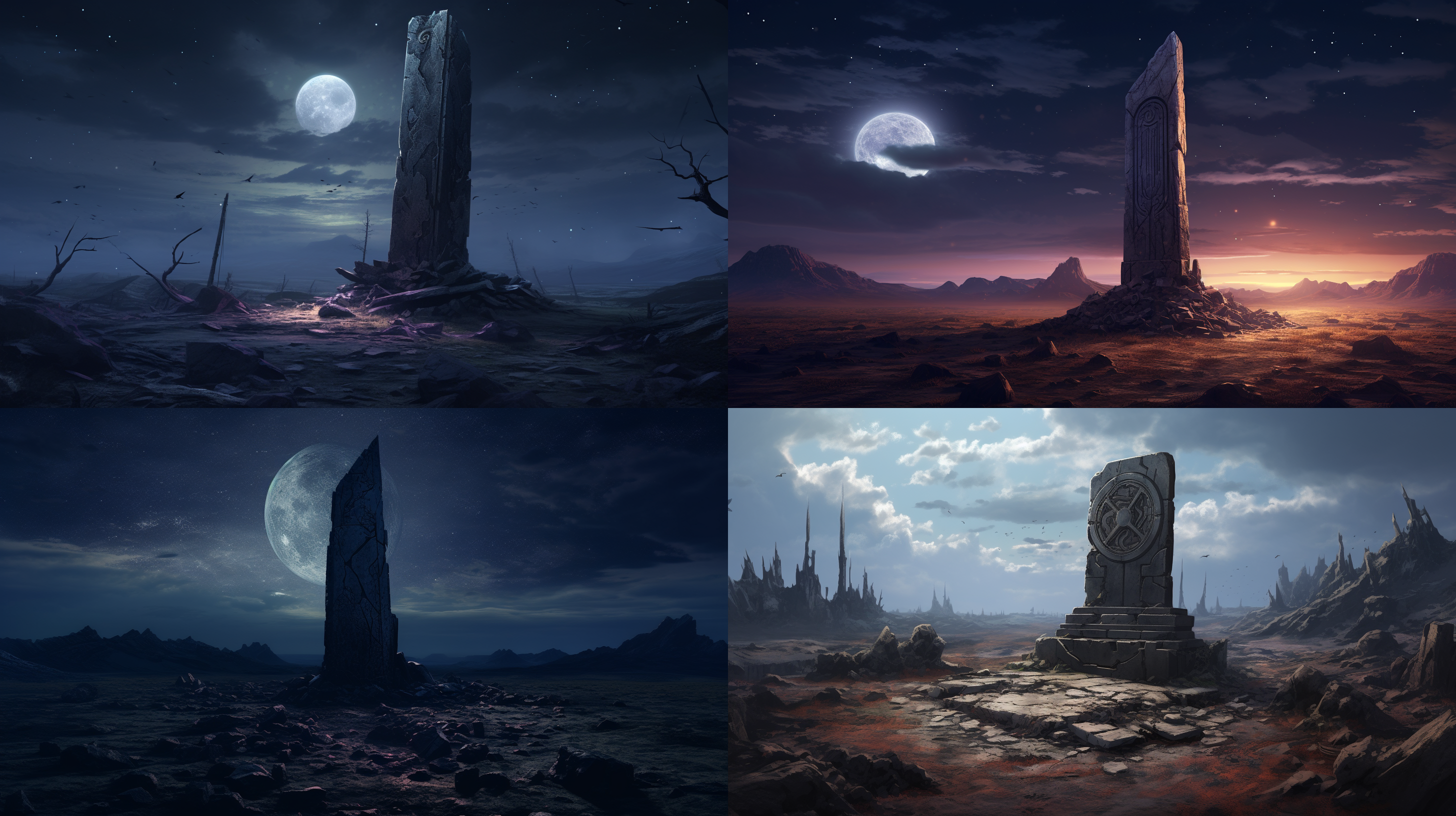 prompt. 苍凉石碑，无人大地，破碎，荒凉，星球天空，动漫游戏风格，细节丰富，暗色调，迷失，神秘。