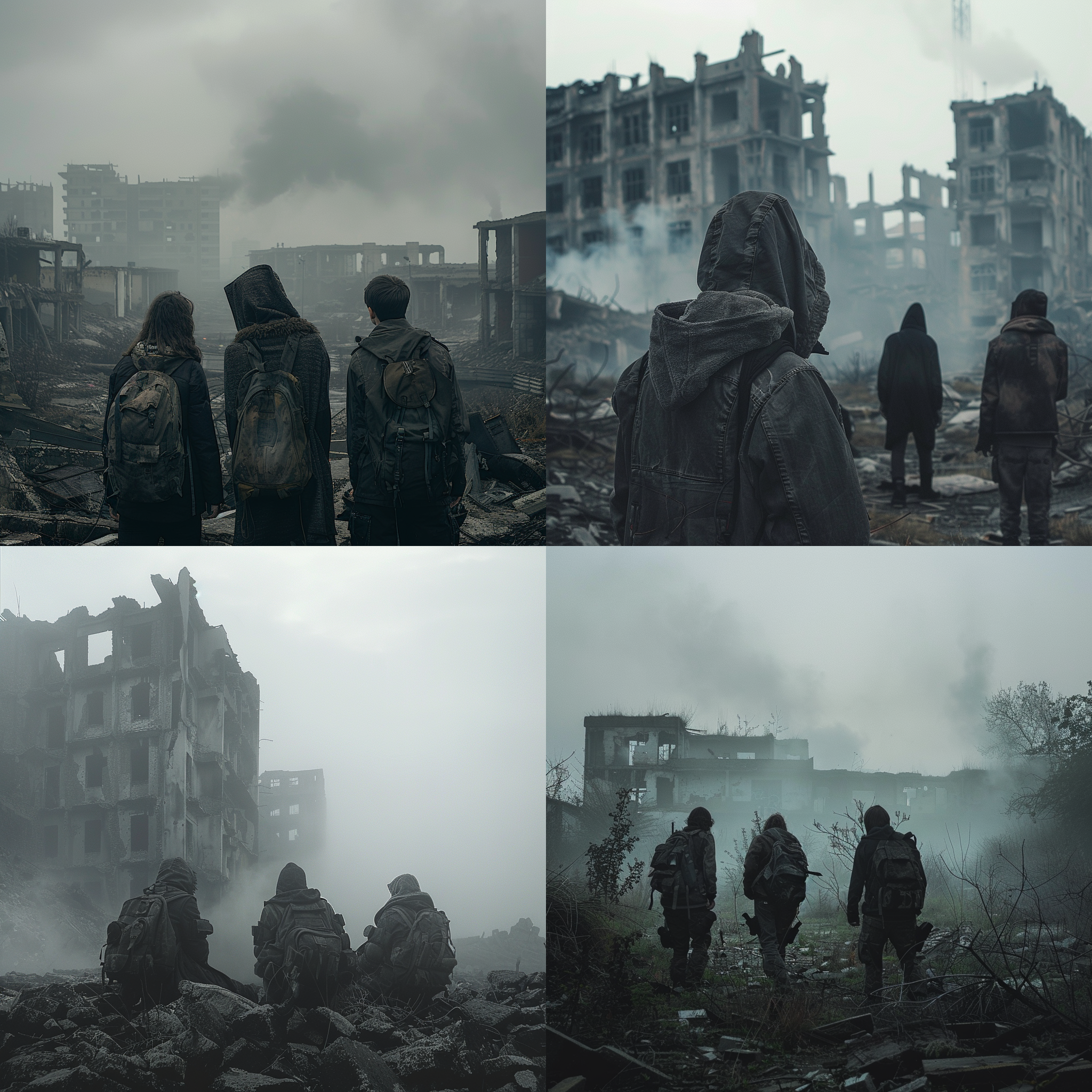 幸存者远望末日废墟，破旧衣物，灰色调，逆光，静态，50mm定焦镜头，孤独，希望，逃生末日，迷雾笼罩。