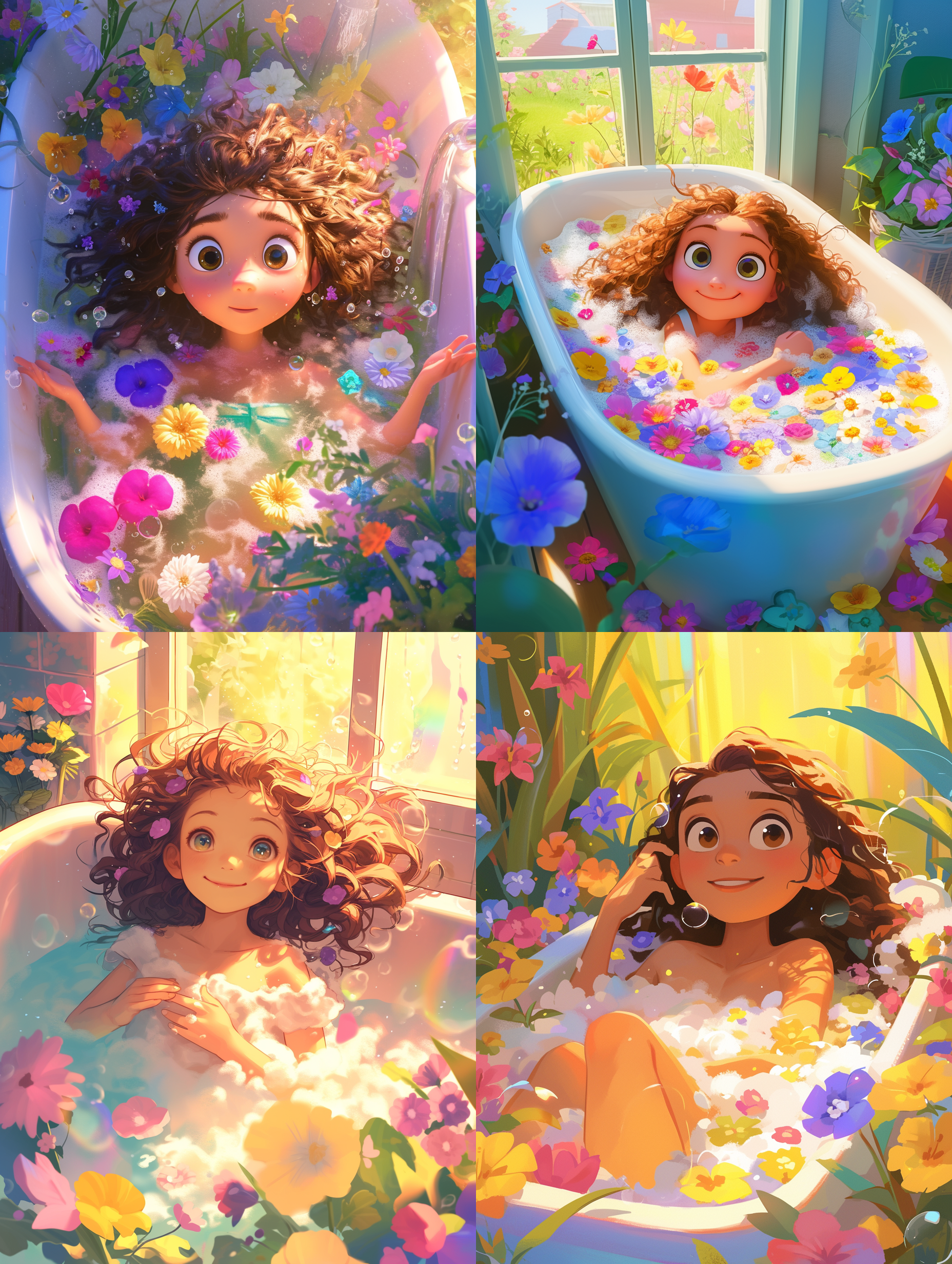 皮克斯动画电影，可爱的小女孩躺在花的海洋里，大大的水汪汪的眼睛，长长的卷发，肥皂泡漂浮在周围，浴缸里被花包围，前景里有花，背景里有花，彩虹玻璃窗，舒适，阳光透过窗户，治愈，欢乐，前景与美丽的花朵包裹在泡沫，中镜头，中特写