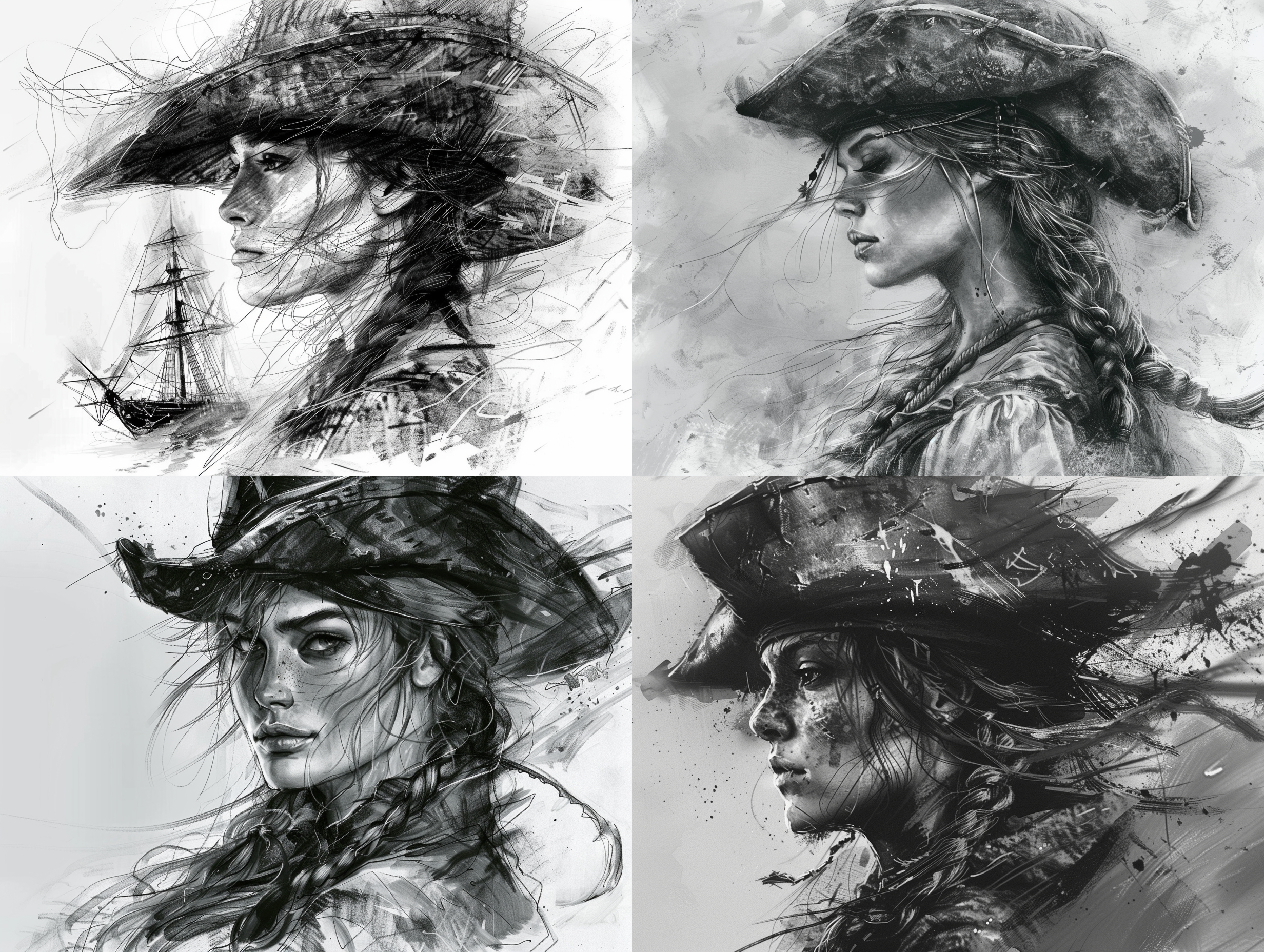 monochrome 1girl solo greyscale female braid realistic hat long hair，sketch artsyle, charcoal lines, strong blacks, highly detailed linework reminiscent of carne griffiths, imbued with wadim kashim's texture, light and airy as carl larsson's compositions, old ship, black sails, pirate captain, hat, hair, wind, sea, motion, wind, heavy rain, featuring pascal blanche-style hyper-realistic characters, pastel, elegance, dramatic lighting, greyscale, expressive camera angle, matte, concept art, disin