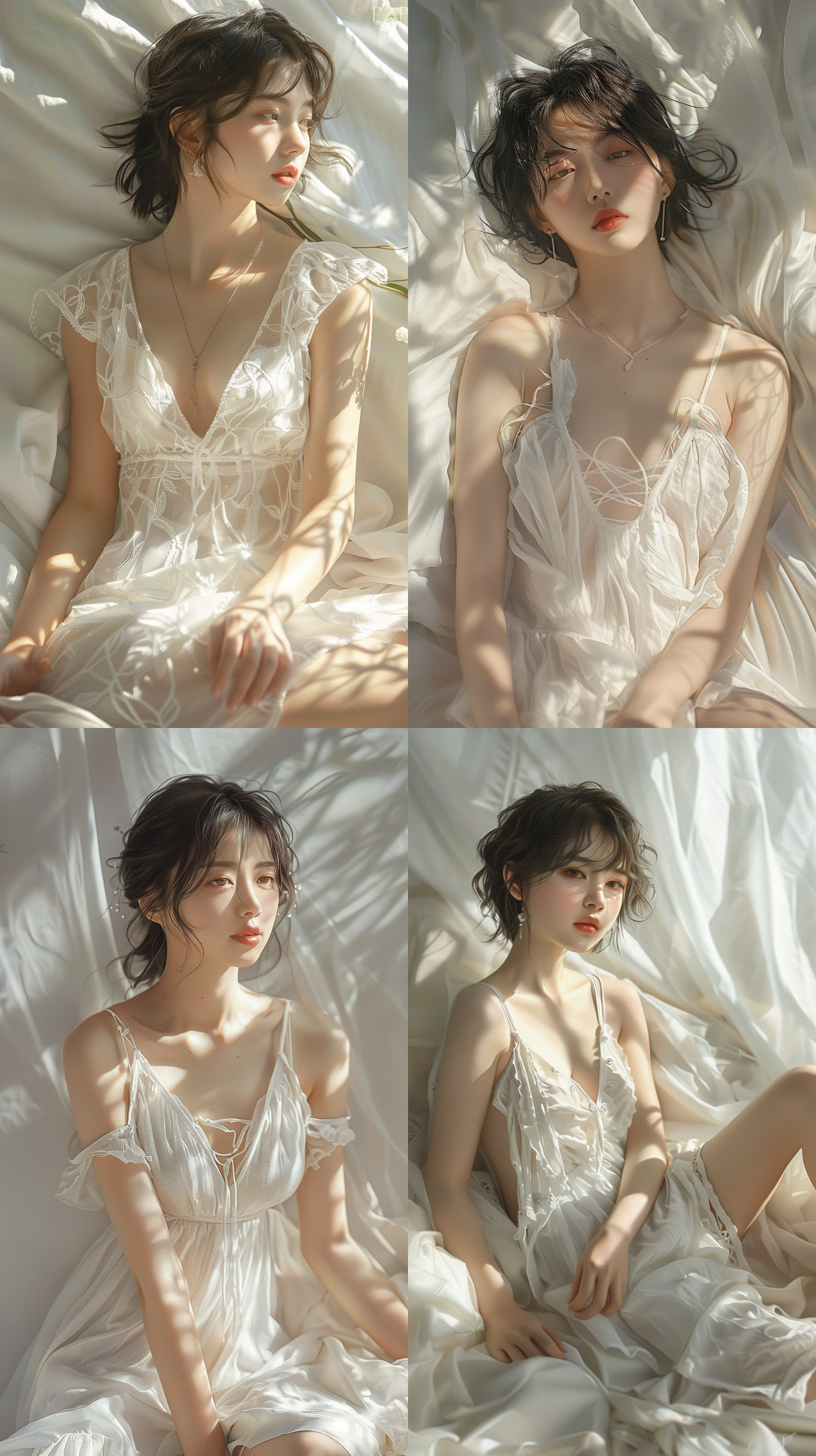 丰满匀称的身材，夏天，白色轻纱衣，青春，光着脚丫，中国女孩，柔弱，眼神灵动，抿着嘴微笑，美丽的，剪发短发，精致的五官，真实写真，光影分明