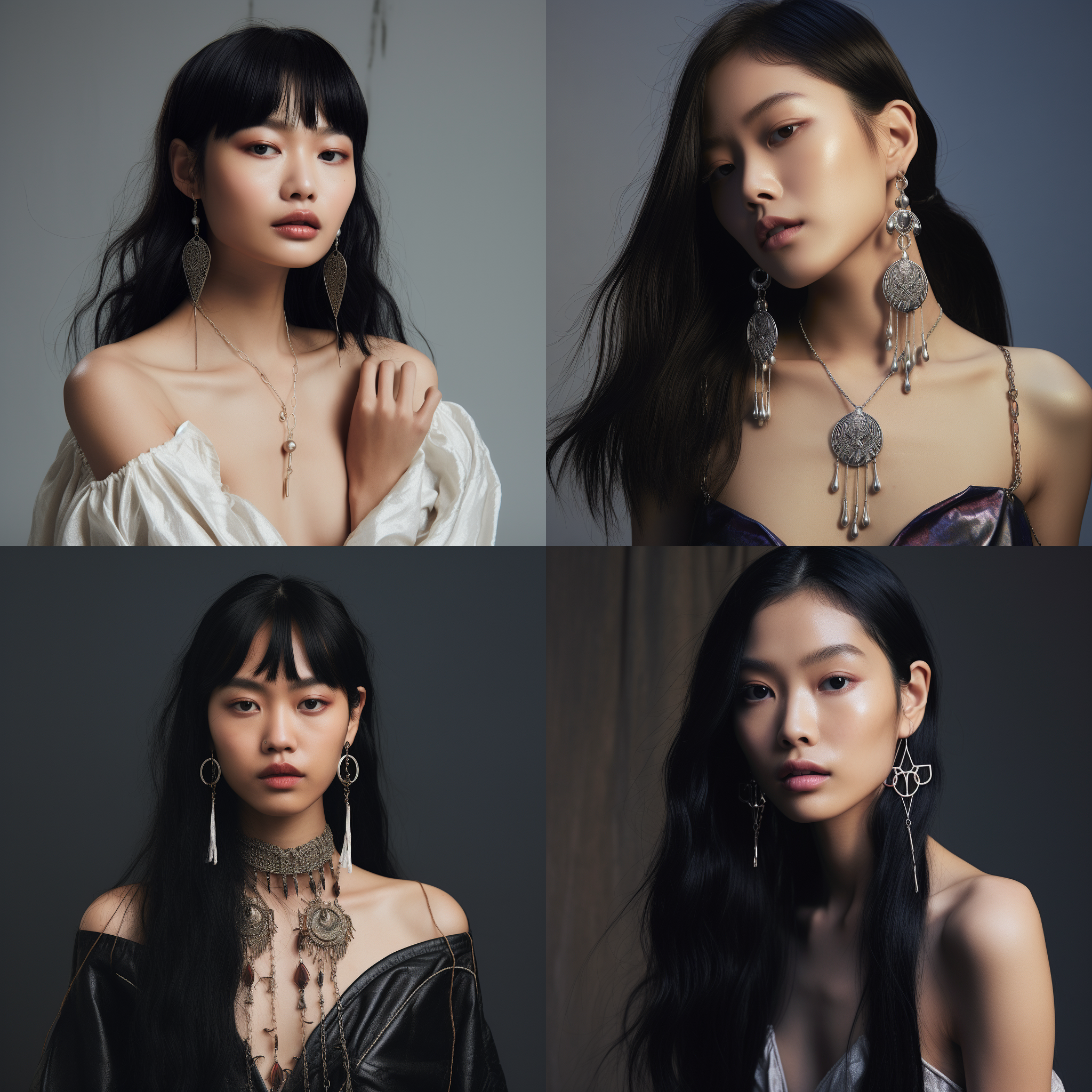 亚洲女模特身着未来服装 蒙古族超大爱心耳环 流苏珠串项链 轮廓光 特写 细腻皮肤纹理 耳环突出 超细节 肩部平角 