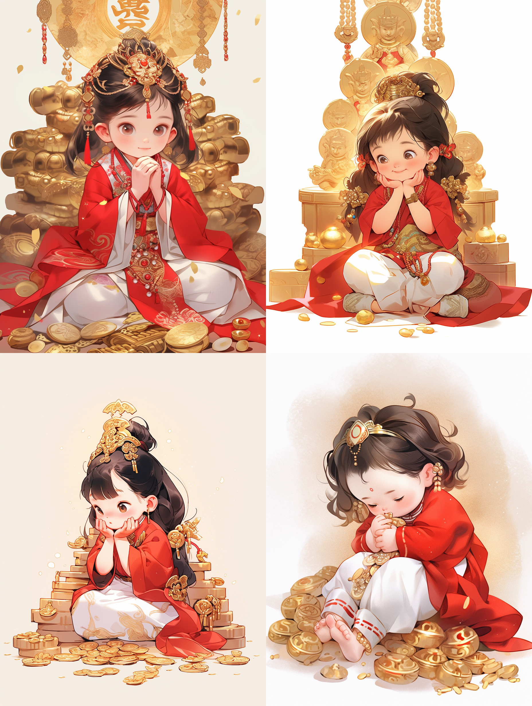 一个3岁的中国可爱女孩坐着，她的腿蜷缩在她下面，坐在许多金元宝中间，穿着漂亮的白色纱丽和一件中国红的上衣，圆脸，她双手交叉在胸前祈祷，中国传统绘画，米黄色的背景，卡通风格，动漫风格，丰富的细节，最好的质量