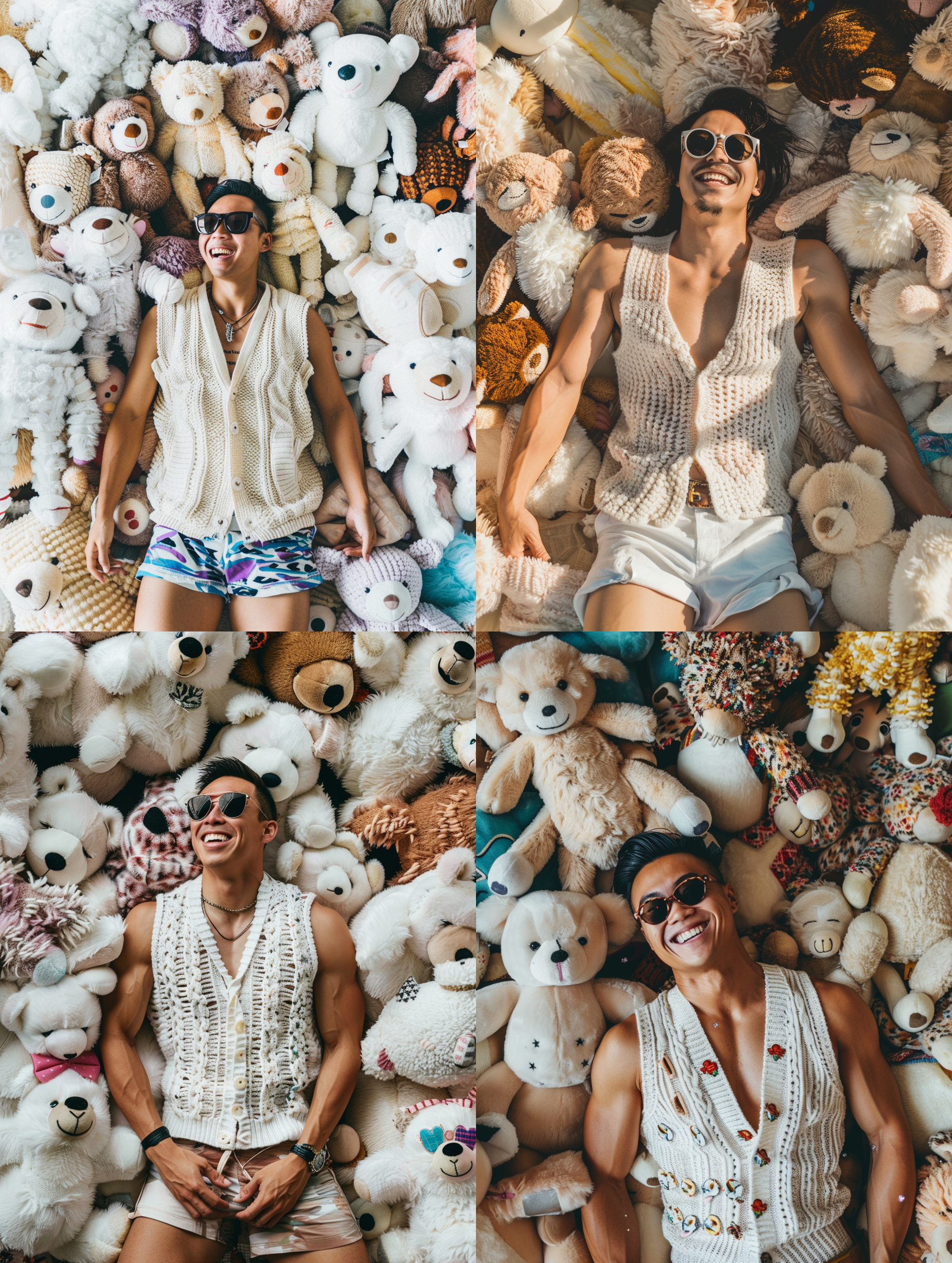 英俊的亚洲男子，躺在许多巨型的动物布娃娃中间，白色针织背心，短裤，大笑，肌肉，精致的发型，墨镜，细节丰富，逼真的摄影风格，鲜艳色调。