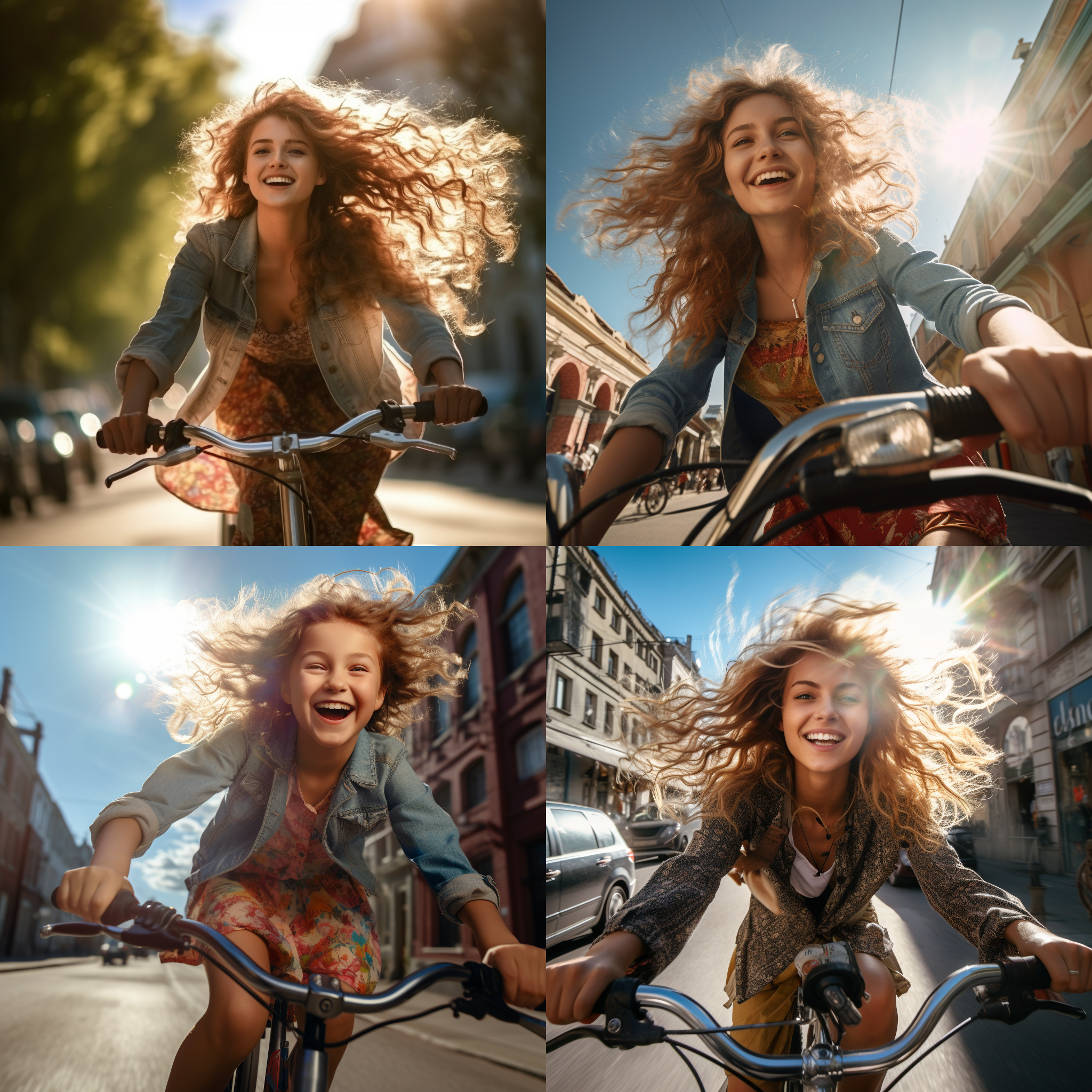 女孩骑自行车，街道，阳光明媚，偏下角度，广角镜头，自然光，活力，自由，快门速度快，动作模糊，欢快，鲜艳色彩。